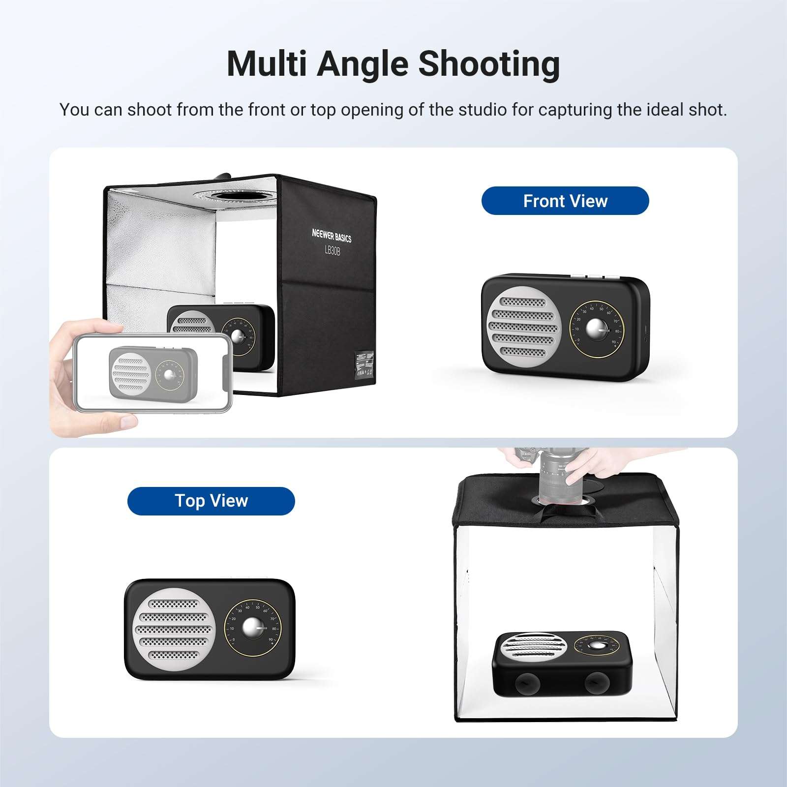 NEEWER Basics Bi Color Photo Studio Light Box, 12"x12"x12" Folding Photo Booth Shooting Tent with 6 Color Backdrops, 120 LEDs CRI95+ Dimmable for Tabletop Jewelry Electronics Food Photography, LB30B 4