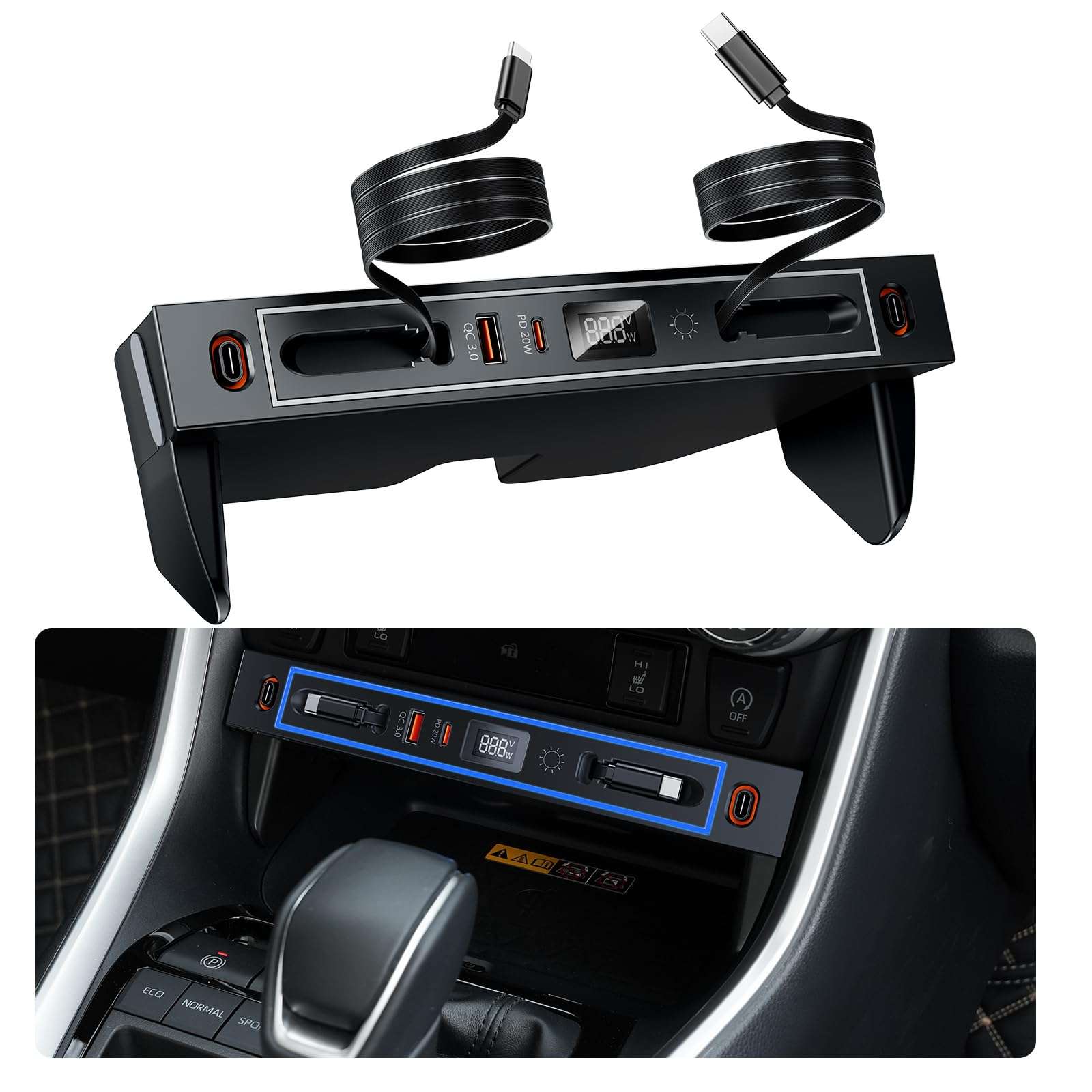 ELOHEI Car Charger Compatible with Toyota RAV4, Fast Charger for Toyota RAV4 Accessories 2019 2020 2021 2022 2023 2024 2025 Multi Port Retractable Docking Station (for Toyota RAV4)