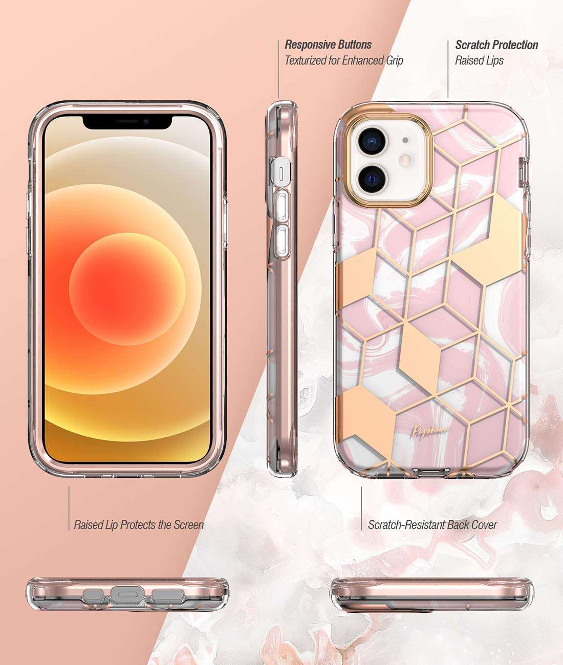 Popshine Marble Series Designed for iPhone 12 Mini 5.4 inch Case, Premium Hybrid Slim Stylish Full Body Protective Flexible TPU Bumper Case with Built-in-Screen Protector, Liquid Marble Pink 3