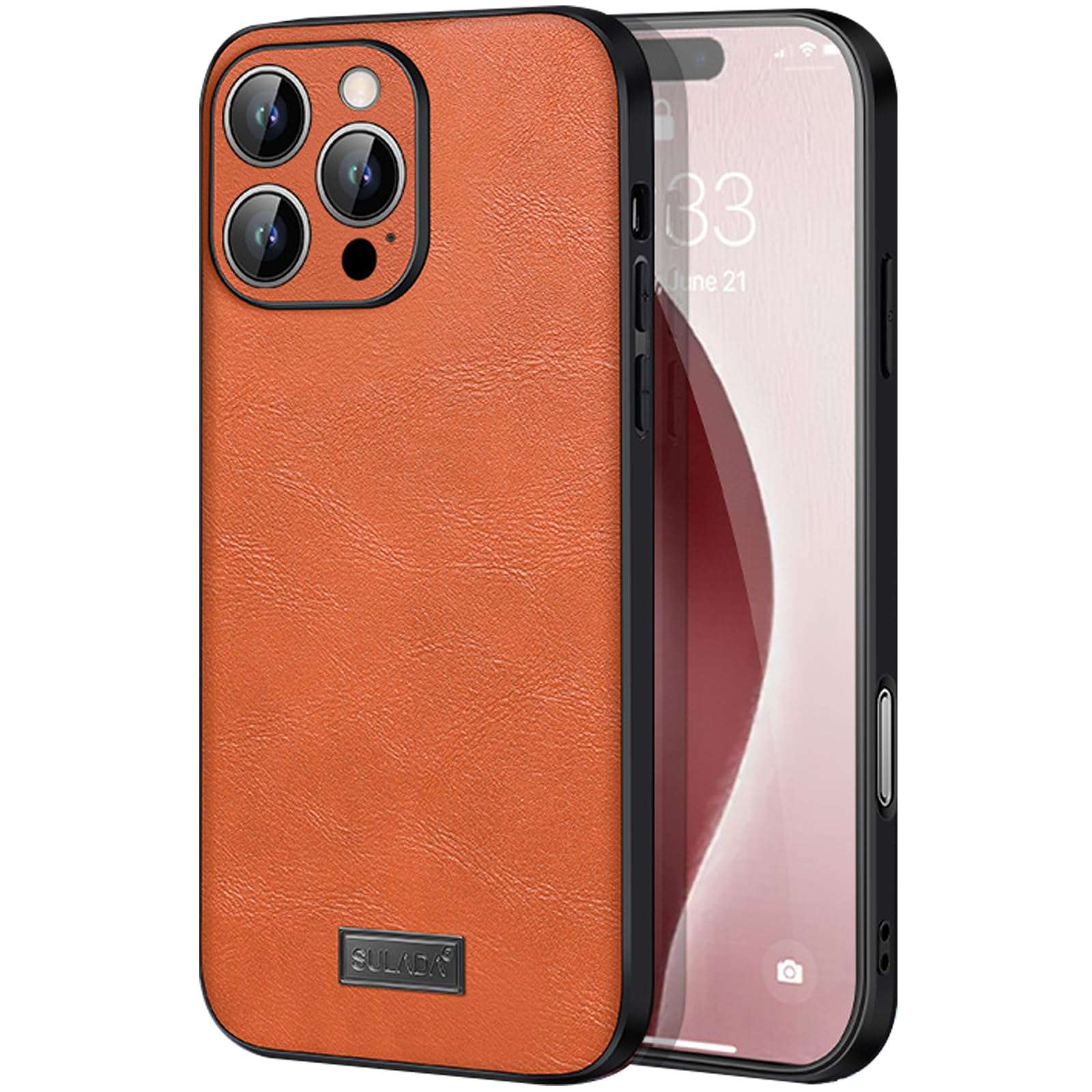 Case for iPhone 16/16 Plus/16 Pro/16 Pro Max, PU Leather Back Panel with TPU Frame, Comfortable Grip with Delicate Leather Texture, Advanced Lens Protection,Orange,16 Pro Max 1