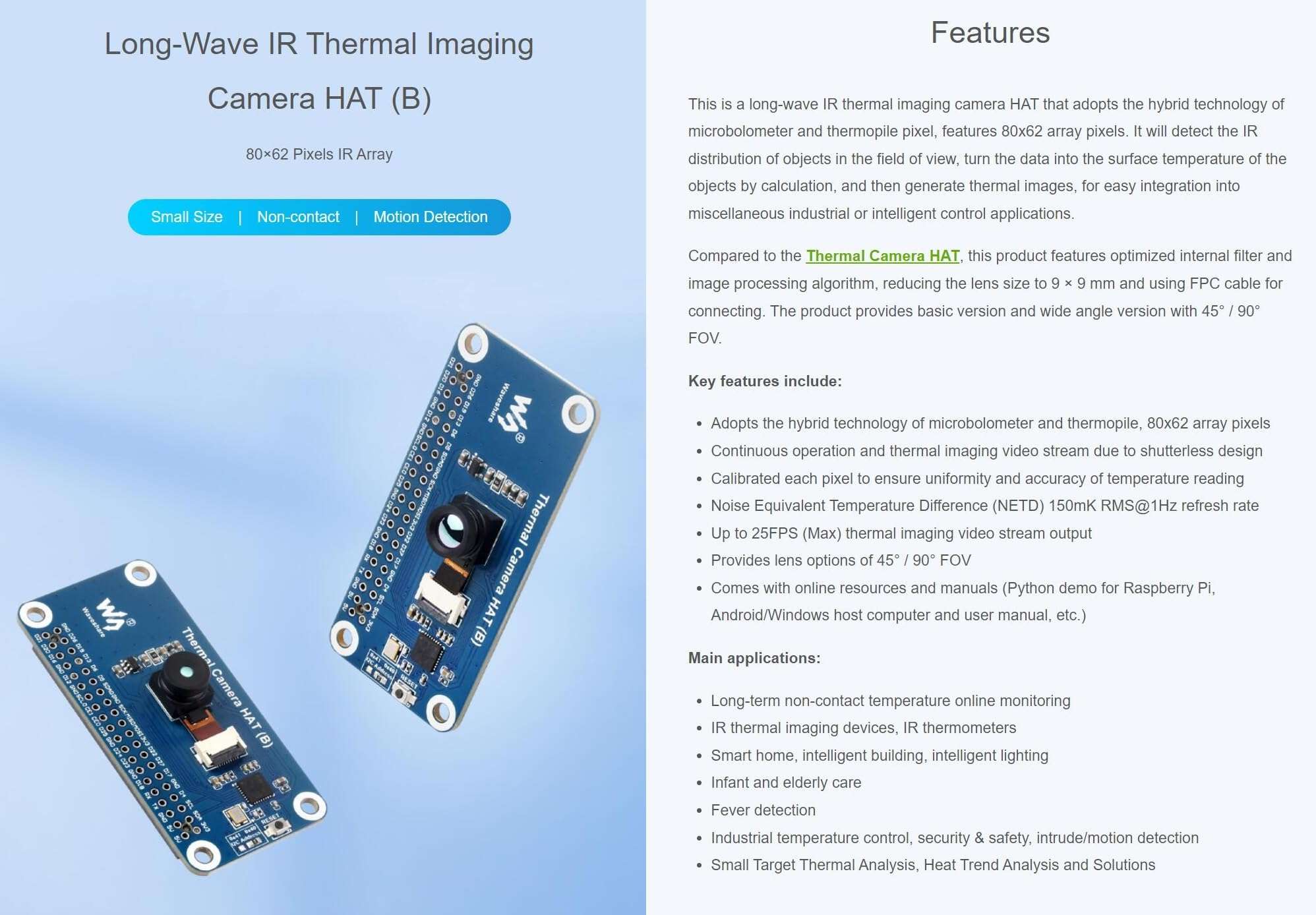 Long-Wave IR Thermal Imaging Camera HAT (B) for Raspberry Pi, Basic Version (45° FOV), Raspberry Pi IR Camera, 80×62 Pixels IR Array, Standard 40PIN GPIO Header (Thermal-45 Camera HAT (B)) 5