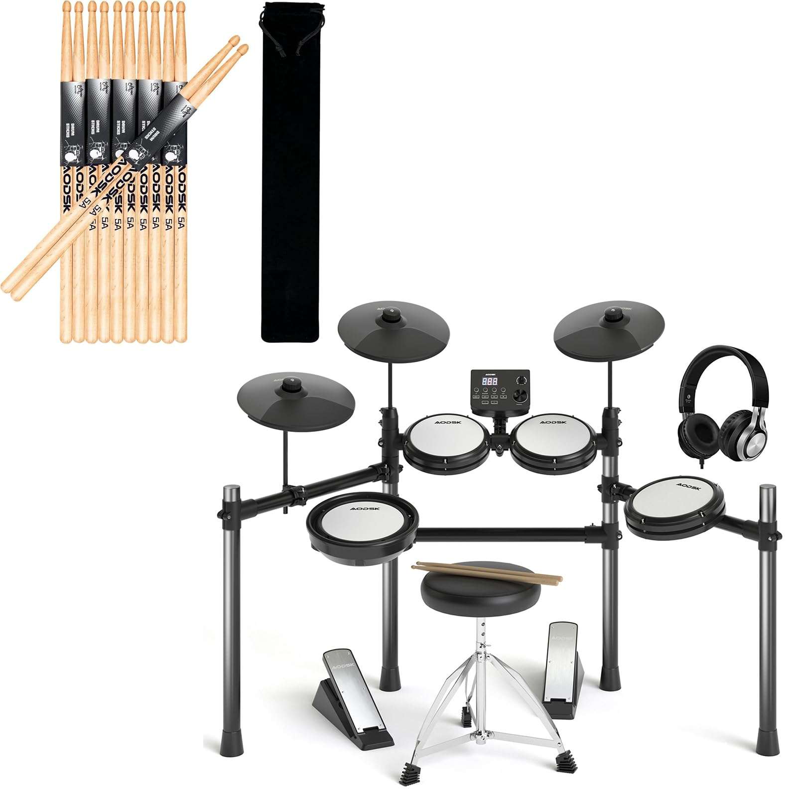 AODSK Electric Drum Set with Quiet Mesh Pads,Electronic Drum for Beginner+AODSK Drum Sticks 5A Classic America Maple Wood Tear Drop Tip Drumsticks Anti-Slip 1