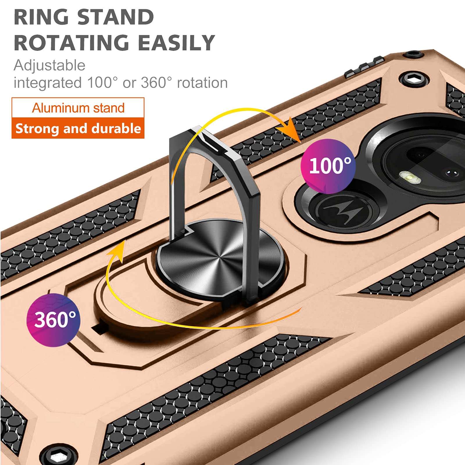 AUPAI Moto G7 Play Case with Glass Screen Protector, Heavy Duty 15ft Drop Tested Shockproof Cover with Magnetic Ring Kickstand,Protective Phone Case for Moto G7 Play Gold 5