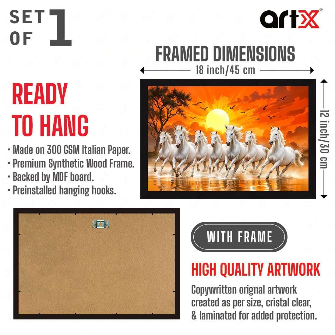 ArtX Paper 7 Horses Vastu Frame Wall Art Painting, White Running Horses On Water Painting Vastu Rising Sun Wall Decor, Multicolor, Nature, 18.0 X 12.0 inches, Set of 1 3