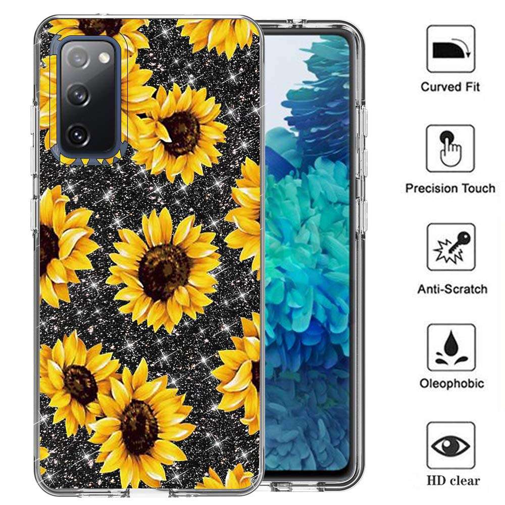 for Samsung S20 Fan Edition Case,Galaxy S20 FE Phone Case,DDTKZC Tempered Glass Protector Lustre Pattern-Sparkle 3 in 1 Clear Shockproof Case for Galaxy S20 FE (Yellow Sunflower) 2