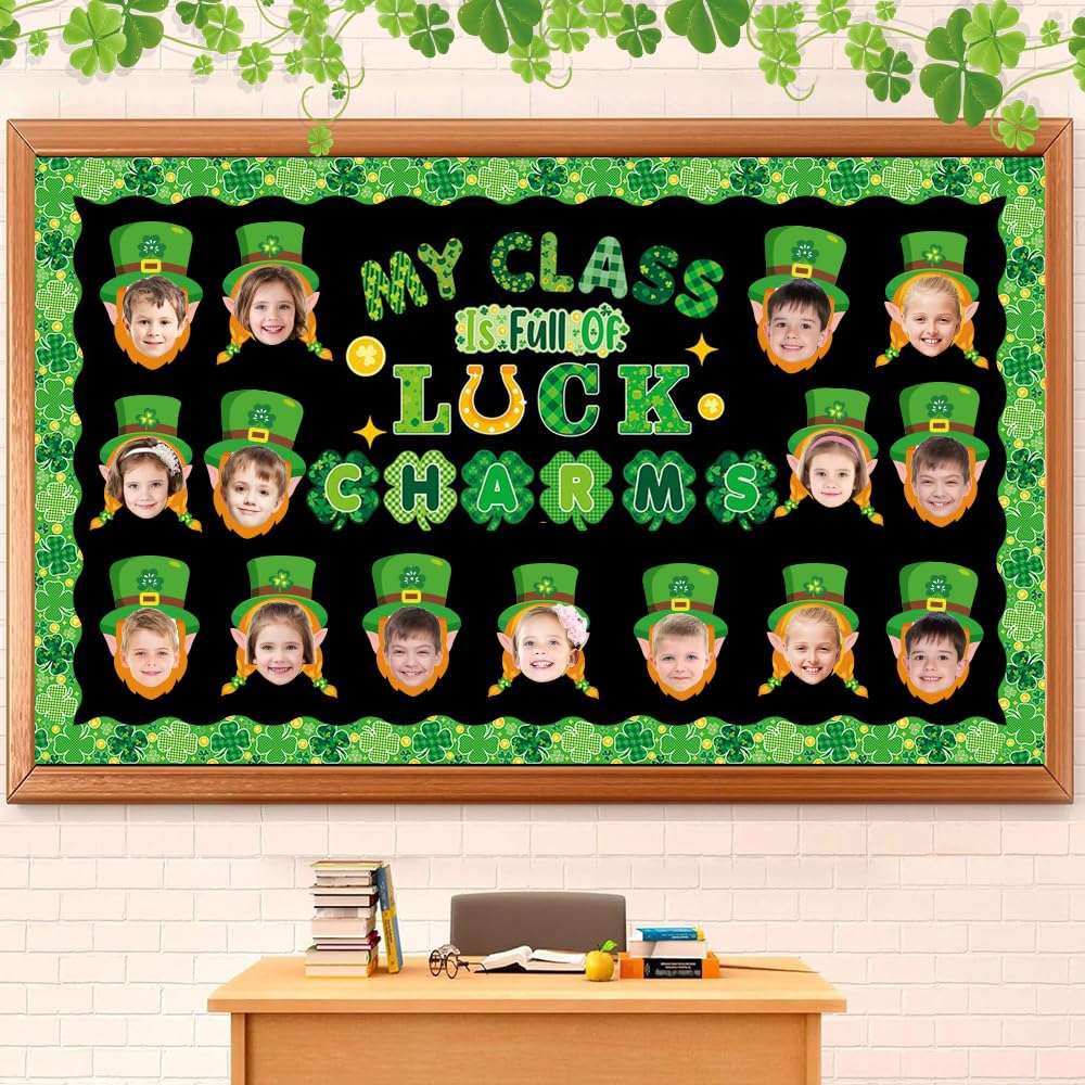 St. Patrick's Day Bulletin Board Decorations, 50Pcs Leprechaun Cutouts Decorations Hat and Beard with 100Pcs Glue Points Bulletin Board Decor for DIY Craft Classroom Home Shamrock Party Decoration 5