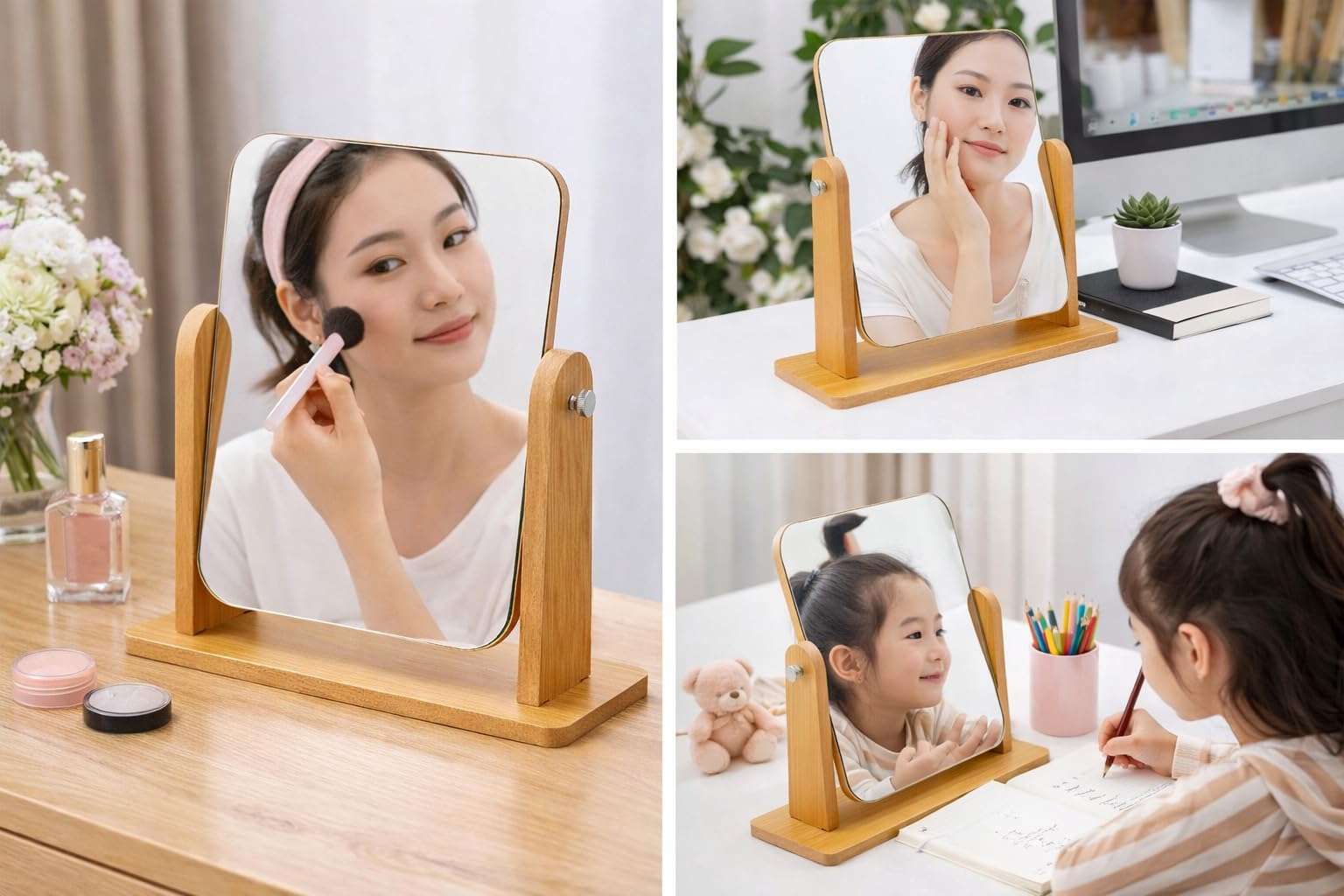 CRAVILA Wooden Tabletop Makeup Mirror 360 Degree Portable Adjustable Table Desk Mirror Vanity Make up Bathroom Living Room Shave Make up Mirror Big 6