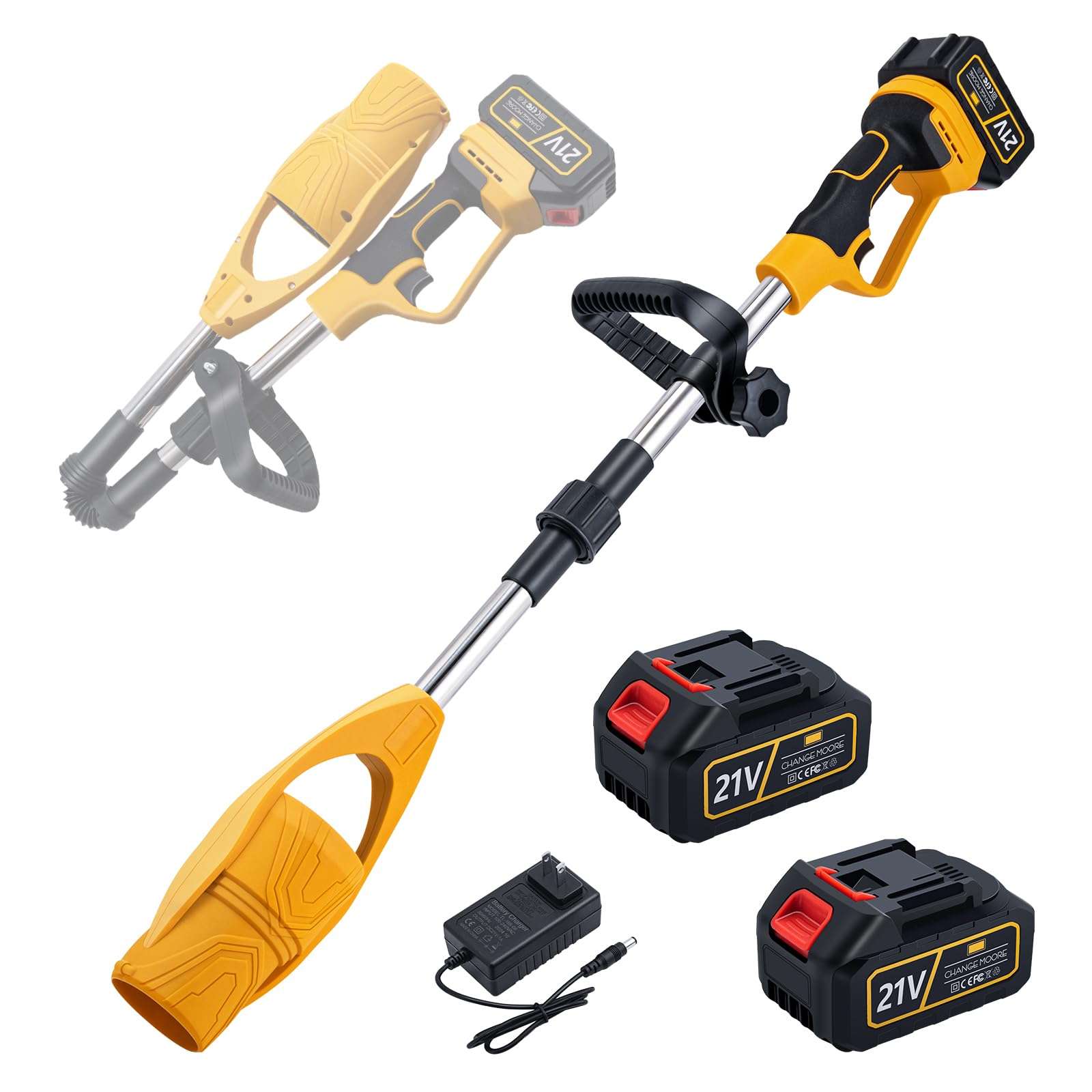 CHANGE MOORE 21V Cordless Leaf Blower with Battery and Charger, Foldable 550W Brushless Motor Handheld Electric Blowers, 2X 3Ah Batteries Portable Leaf Blower for Lawn Care, Garden, Garage, Yellow 1