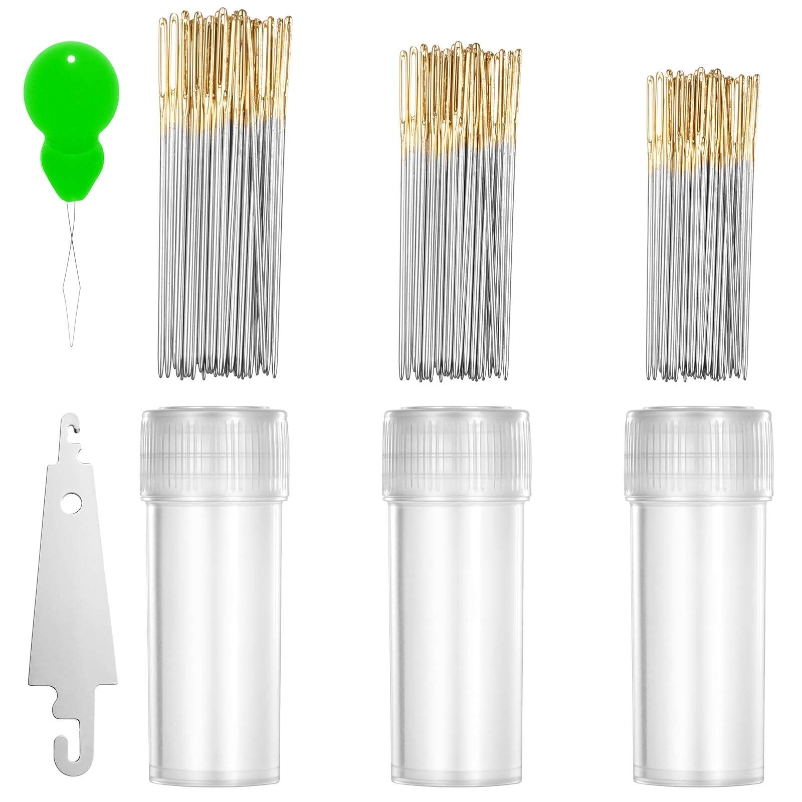 90 Pieces Cross Stitch Needles 22 & 24 & 26 Gauge Golden Large Eye Embroidery Hand Sewing Needles Stainless Steel Embroidery Needles in Clear Box with 2 Needle Threader