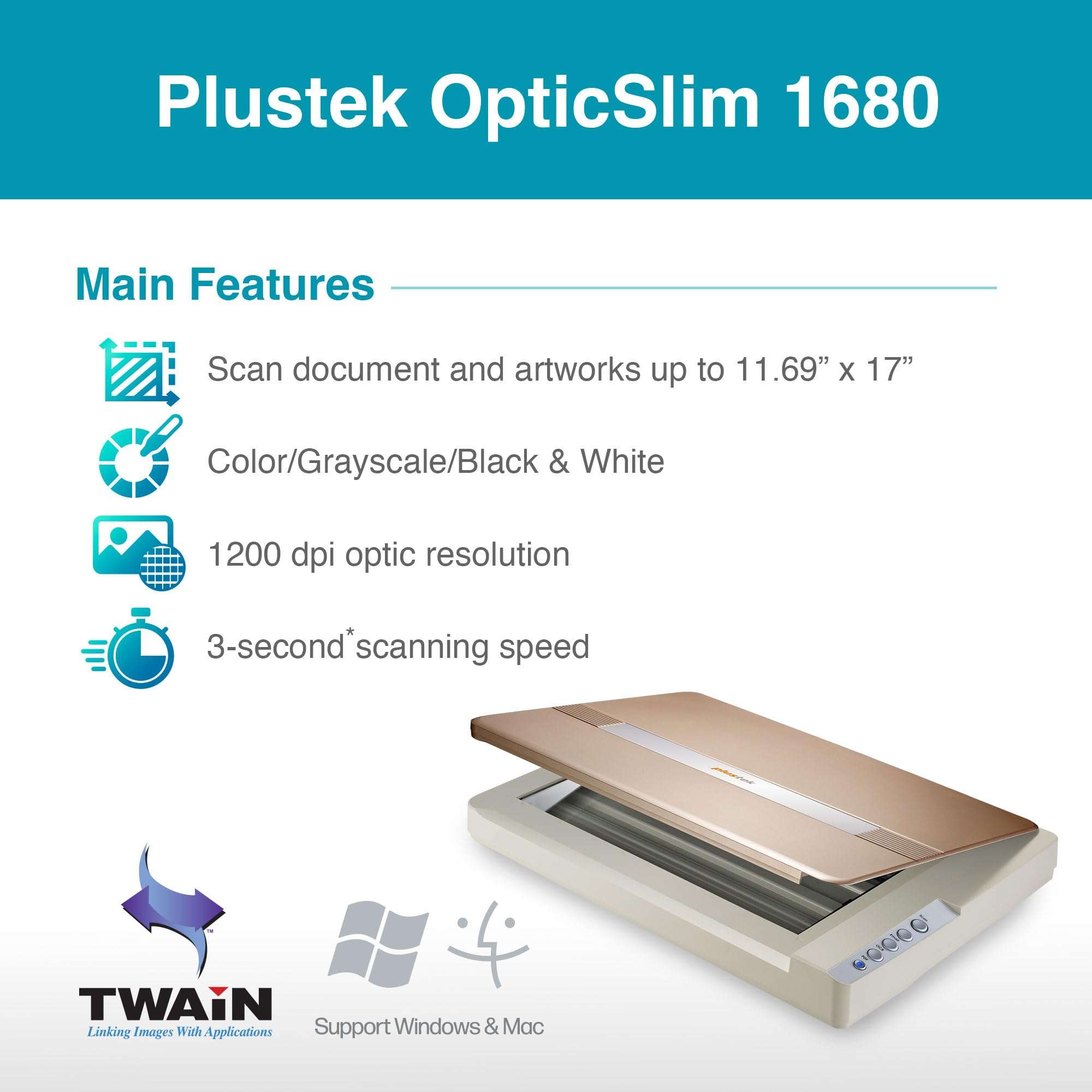Plustek OpticSlim 1680 - High Speed Large Format Flatbed Scanner, scan Tabloid Size in 3 Seconds. Dual View Function Enable You to Quickly Check The Image Adjustment Effect 2