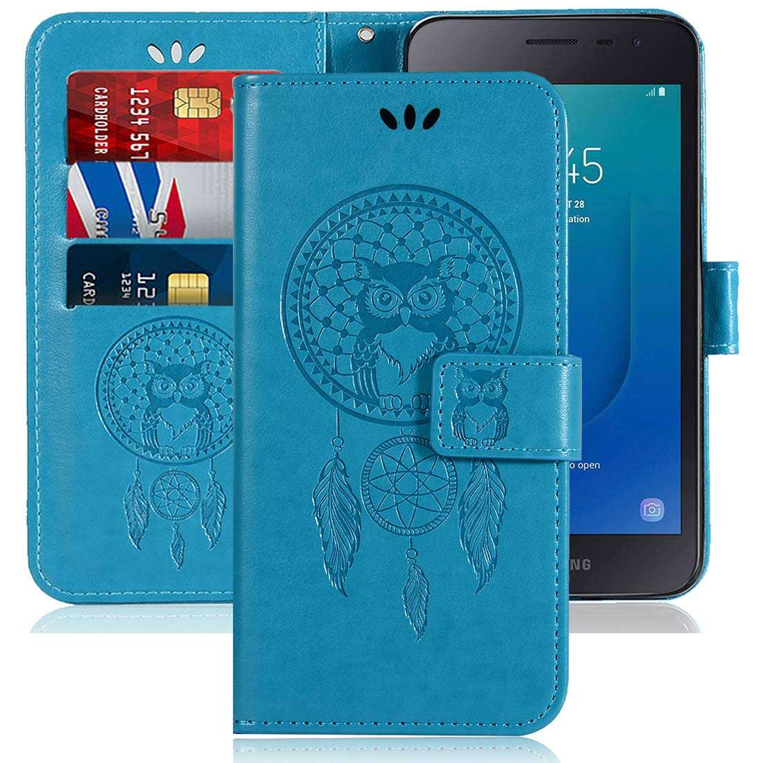 Sidande for Galaxy J2 2018 2019 / J2 Core Case, for Galaxy J2 Shine / J2 Dash / J2 Pure Case, [Wrist Strap] Owl PU Leather Wallet Flip Phone Case Cover with Card Slots for Samsung Galaxy J260 Blue 1