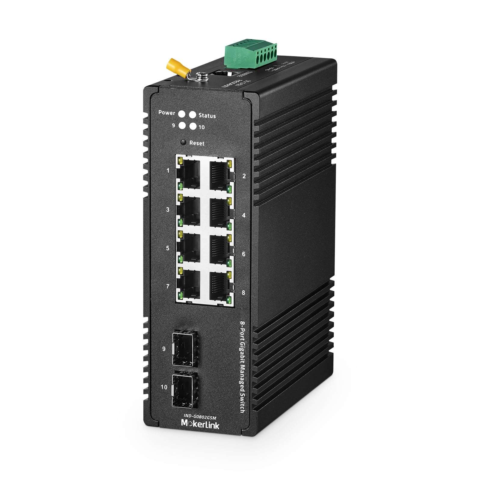 MokerLink 8 Port Gigabit Industrial DIN-Rail Ethernet Switch Managed, 2 SFP Ports, 20Gbps Switching Capacity, Web L2+ Managed IP40 Network Switch (-40 to 185°F), with Power Supply 1