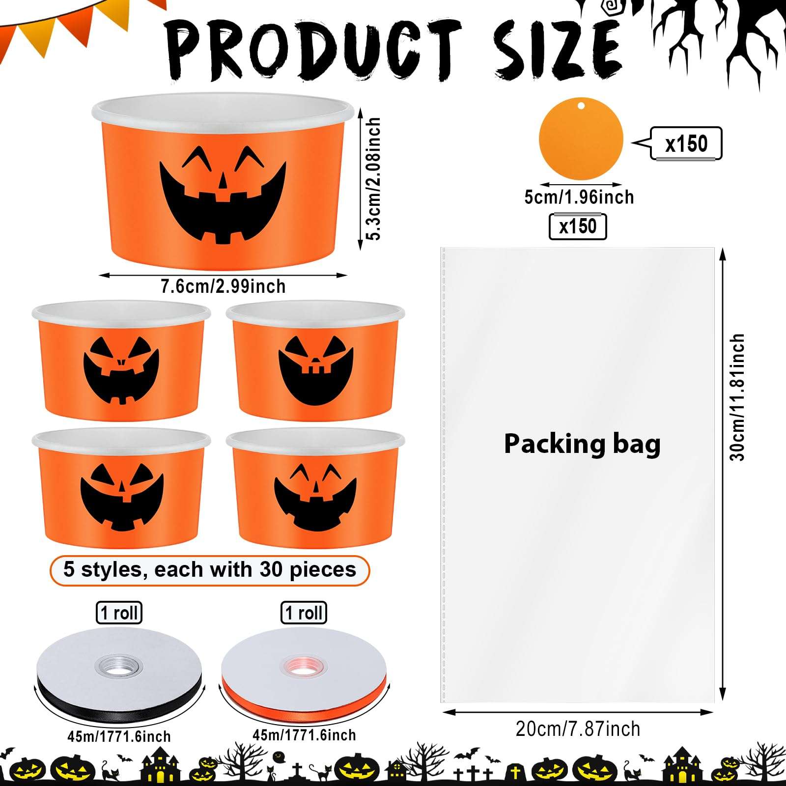 Dandat 150 Set Halloween Treat Snack Bowls 15 Oz Jack O Lantern Halloween Disposable Paper Bowls Pumpkin Snack Cups Ice Cream Cups Orange Black Pumpkin Face Bowl for Treat Cupcake Party Favor Supplies 3