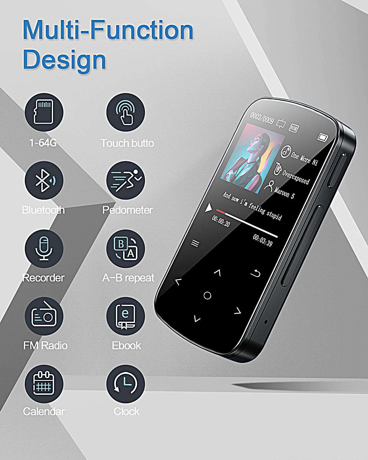 MP3 Player 64GB with Bluetooth 5.2, 1.5 inch Colorful Screen Sensitive Touch Button, Hi-Fi Music MP3 Player with Clip Pedometer Function Card Reader, for Sports Running etc 3