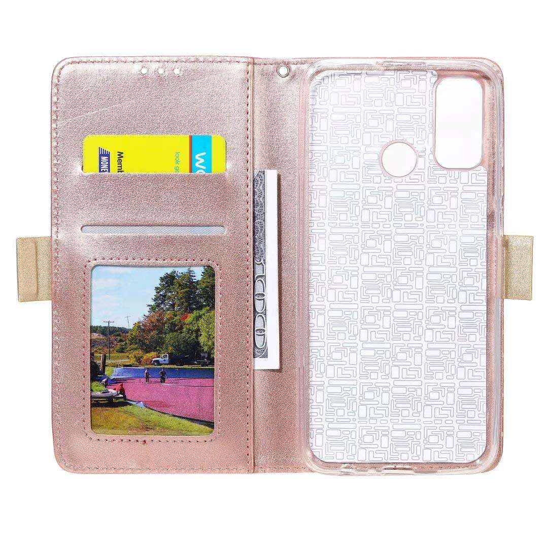 ZCDAYE Zipper Wallet Case for Galaxy A21S,Fabulous Glossy Pattern Magnetic Closure PU Leather [Bowknot Lanyard][Kickstand][Card Slots] Soft TPU Book Case Cover for Samsung Galaxy A21S-Rose Gold 3