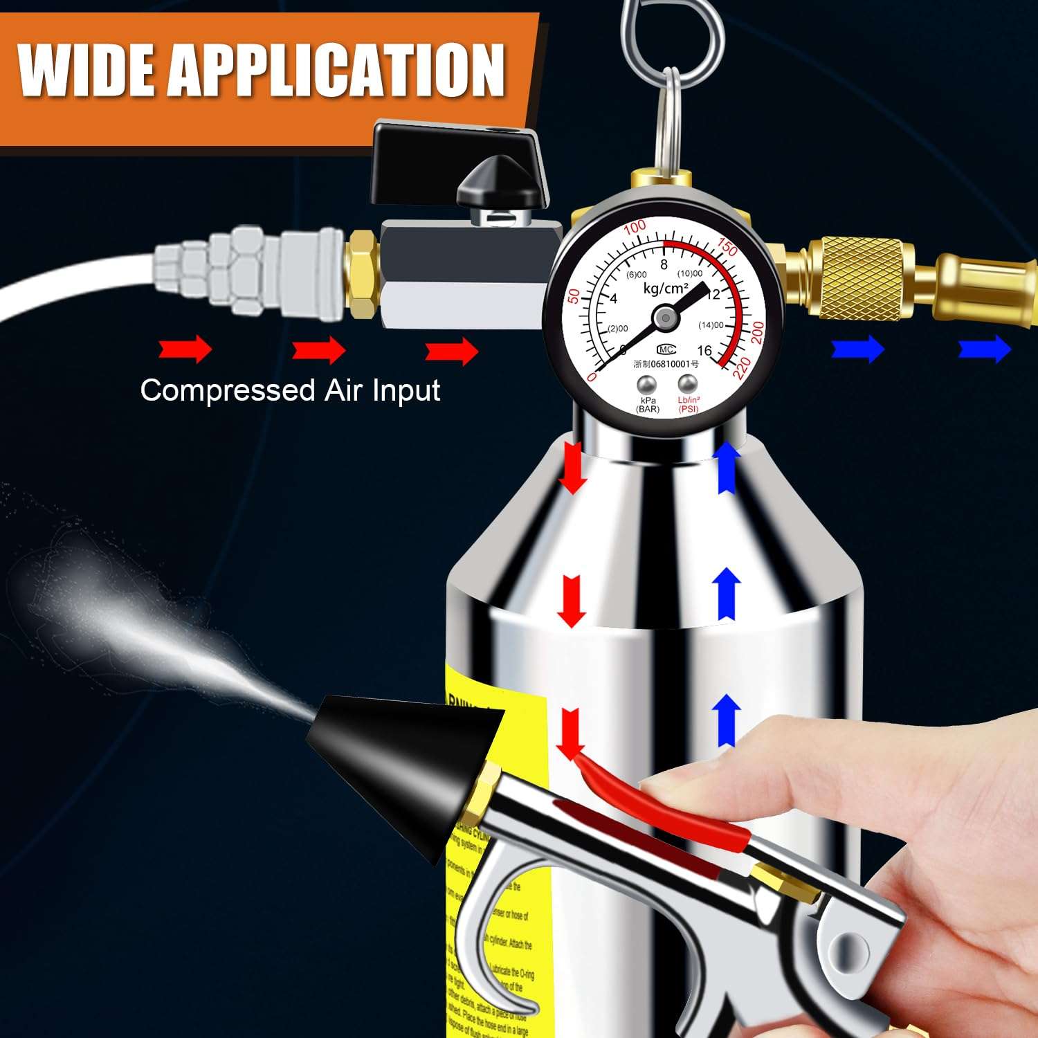 ADAFIRST AC Flush Kit, Automotive Air Conditioner System Clean Canister Flushing Gun Tool Set for Cleaning Auto R134A R404A R410A HVAC Hose Condenser Evaporator, with 220PSI Gauge Air Plug Fittings 4