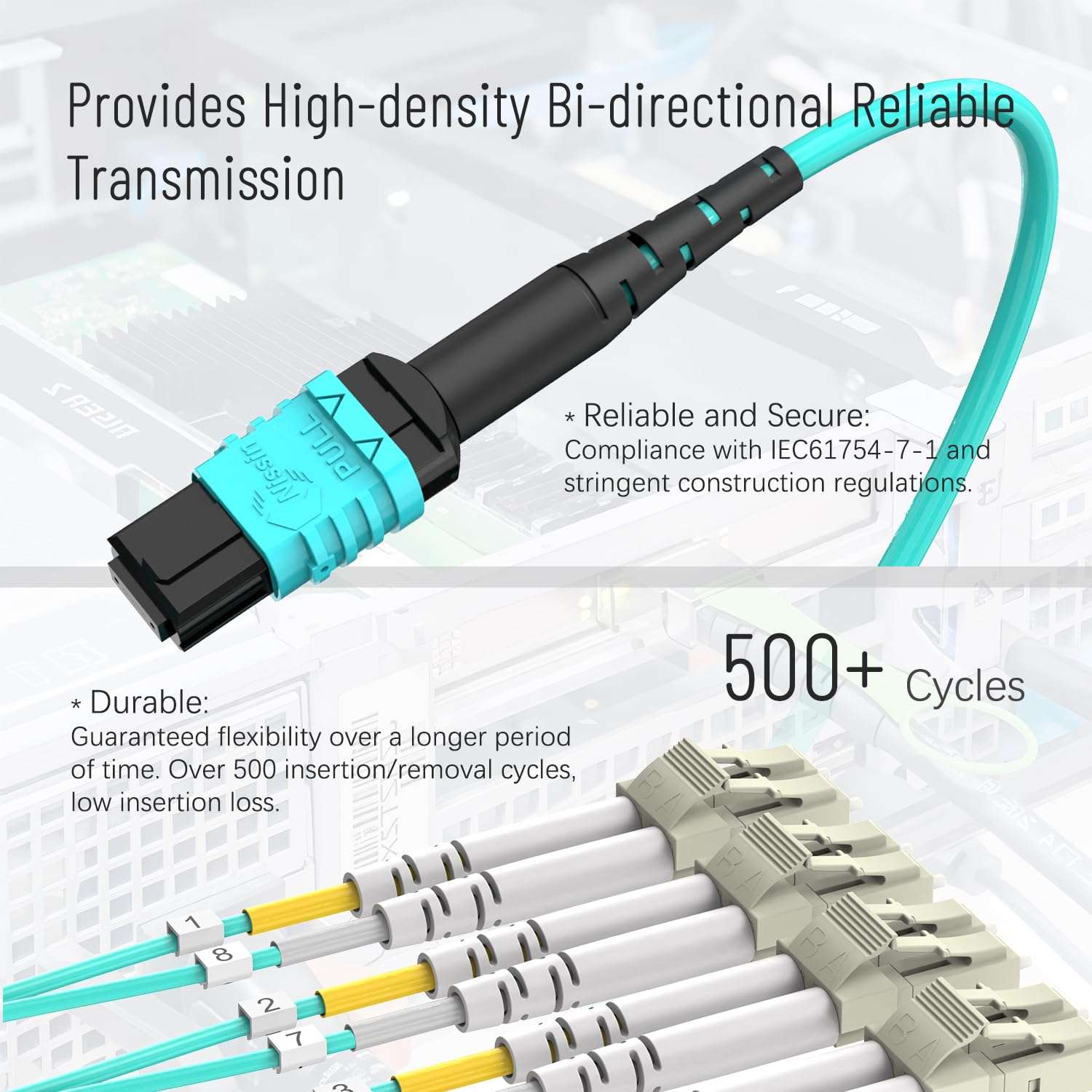Karono MPO/MTP Breakout Cable 1M(3.3ft), 12 x LC (6 Duplex) Fanout Fiber Optic Cable, 10G/40G QSFP 40GBase-SR4, OM3 Multimode 50/125 - Aqua 3