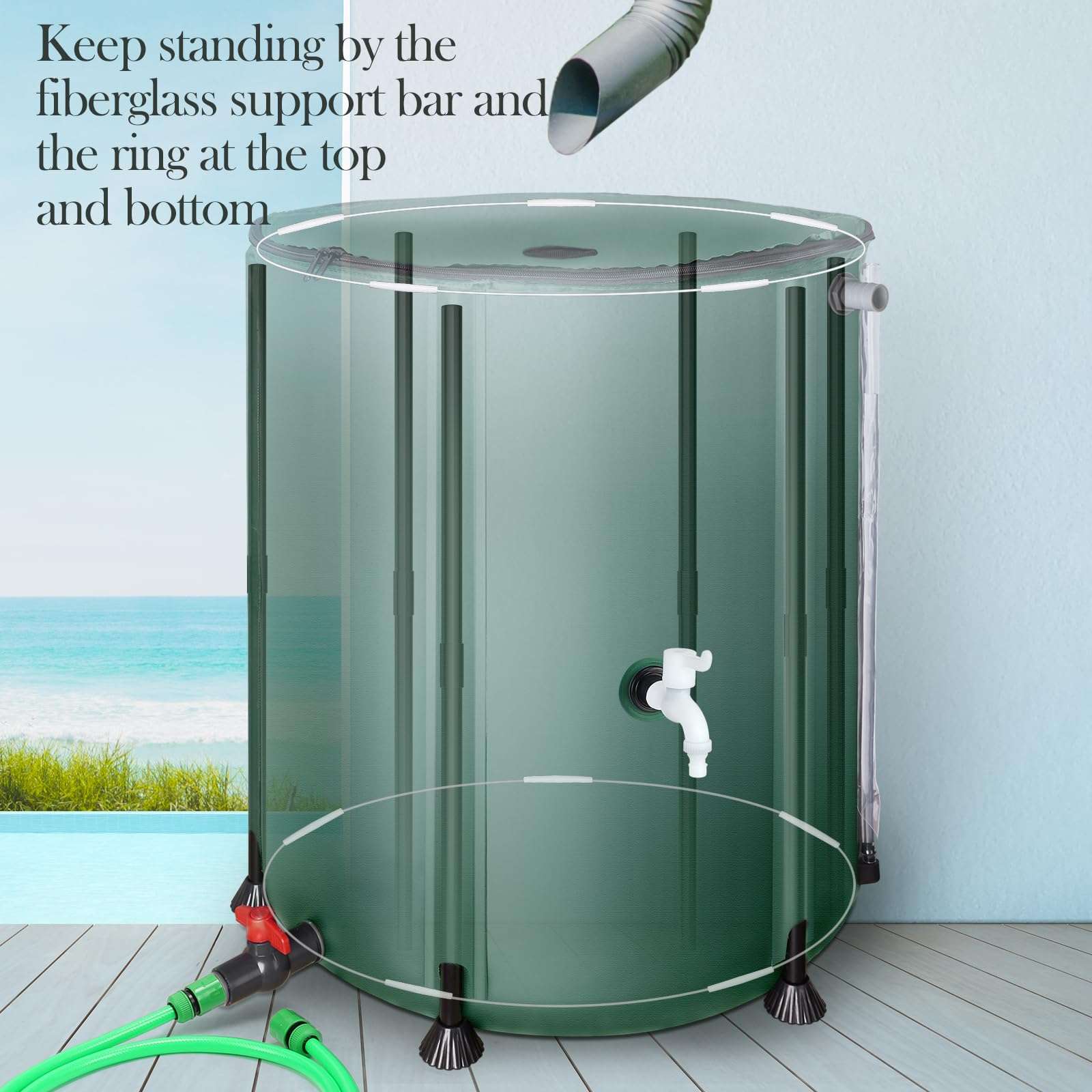 53 Gallon Collapsible Rain Barrel for Garden/Outside/Lawn, Portable Rainwater Collection System, Rain Barrel to Collect Rainwater from Gutter, Water Storage Tank with Two Spigots & Overflow Kit, Green 3