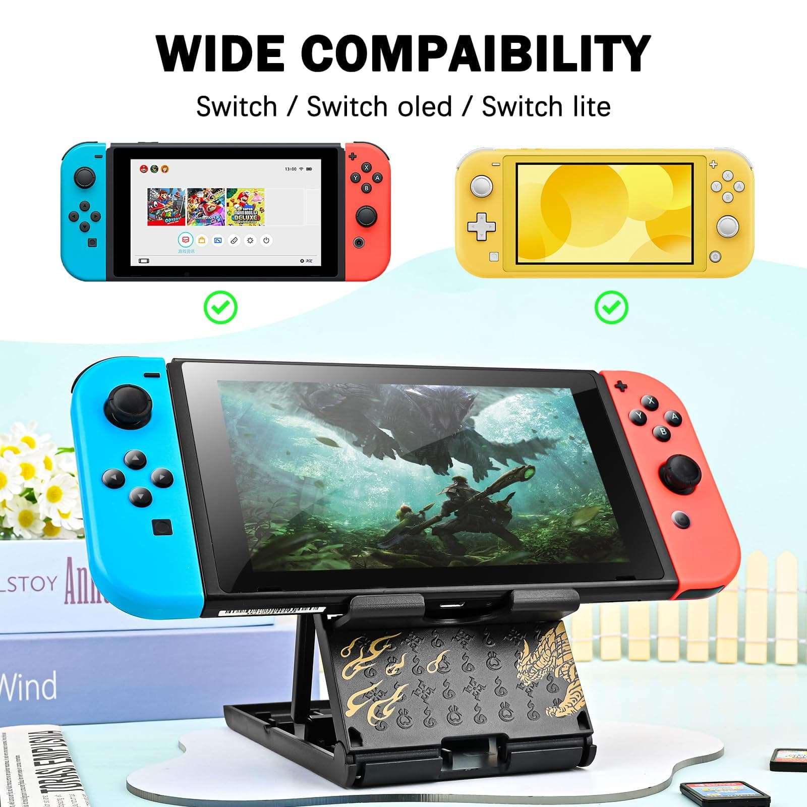 DLseego Switch Stand Suitable for Switch/Switch OLED/Switch Lite, Cute Cool Analog Angle Adjustable Holder Kickstand, Portable Foldable Non-Slip Non-Shake Anime Bracket - Black Gold 4