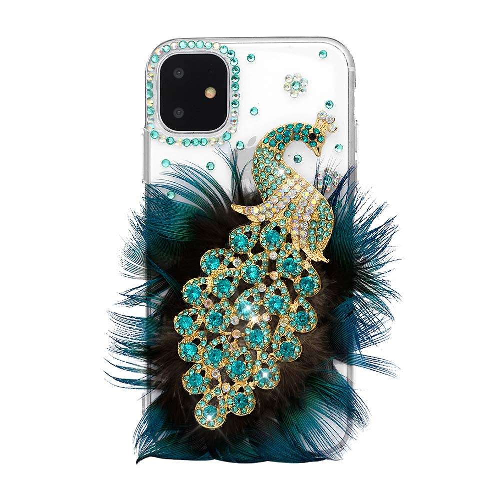 Mavis's Diary iPhone 11 Case 3D Handmade Luxury Peacock with Green Blue Feather and Shiny Bling Glitter Sparkly Diamond Glitter Rhinestones Gems Crystal Clear Hard Back Case Cover 2