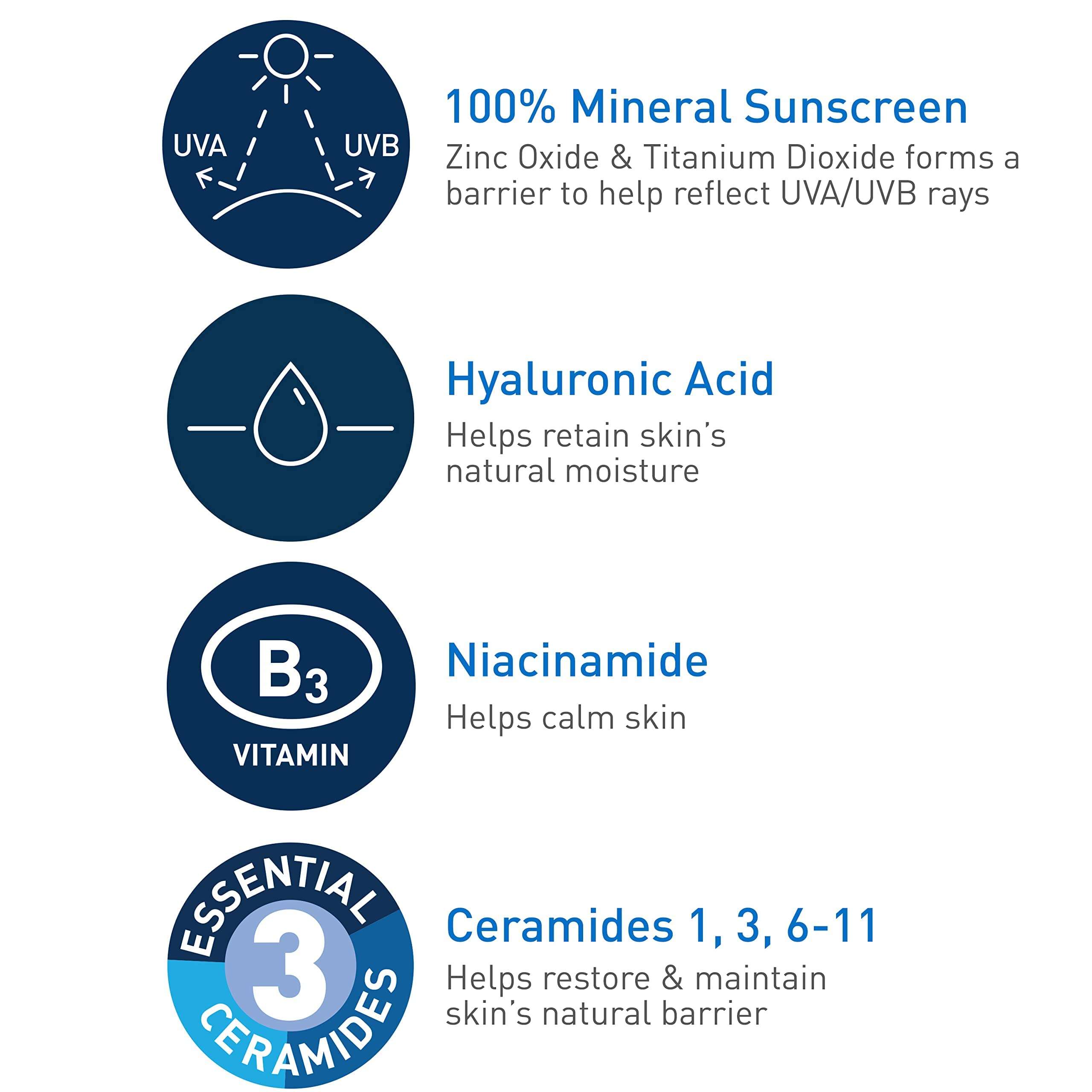 CeraVe 100% Mineral Sunscreen SPF 50, Face sunscreen With Zinc Oxide & Titanium Dioxide, Hyaluronic Acid + Niacinamide + Ceramides, Oil Free, Travel Size 2.5 oz 2