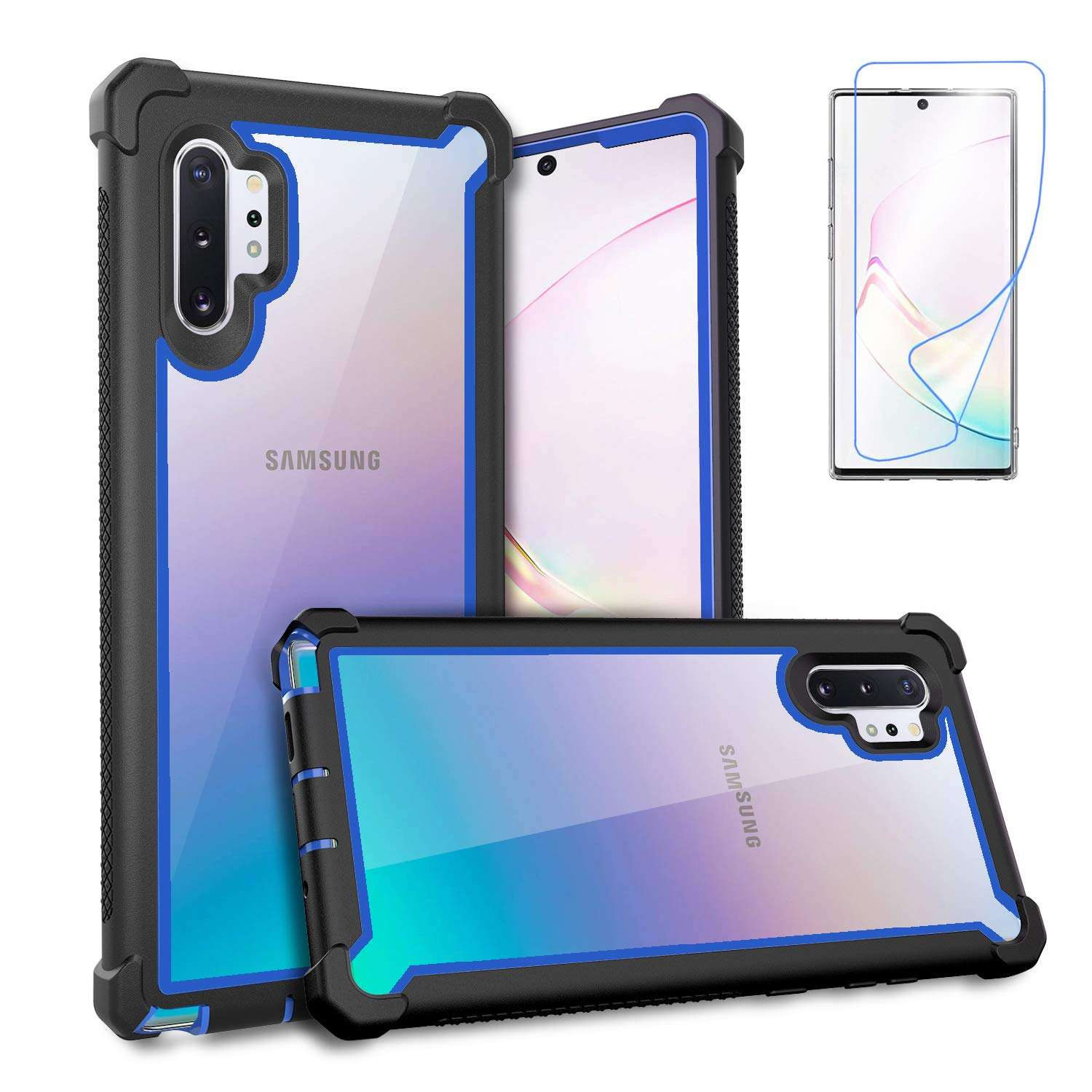 KSELF Case for Samsung Galaxy Note 10 Plus Case with Screen Protector, Full Body Protective Hybrid Dual Layer Shockproof Acrylic Back Case Cover for Galaxy Note 10 Plus 5G 6.8 inch (Black Blue) 1
