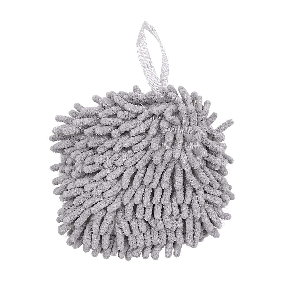 2 Pcs NUZAMAS Chenille Hand Towels Fuzzy Ball Towel White and Gray Fast Drying Handball Absorbent Soft Towel Hanging Towel for Kitchen Bathroom 3