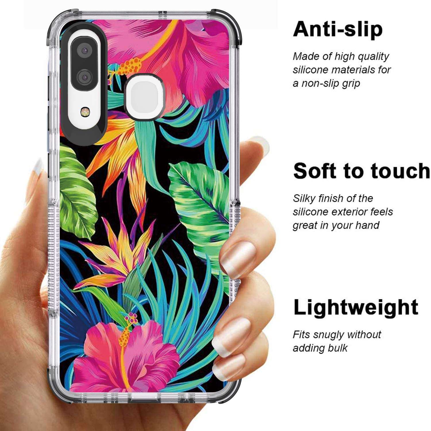 Savino for Samsung Galaxy A20, A30 A50 Phone Case, Lightweight Case with Galaxy A20, Galaxy A50 Tempered Glass Screen Protector Full Cover with Heavy Duty Corners Protection (Floral Black) 4