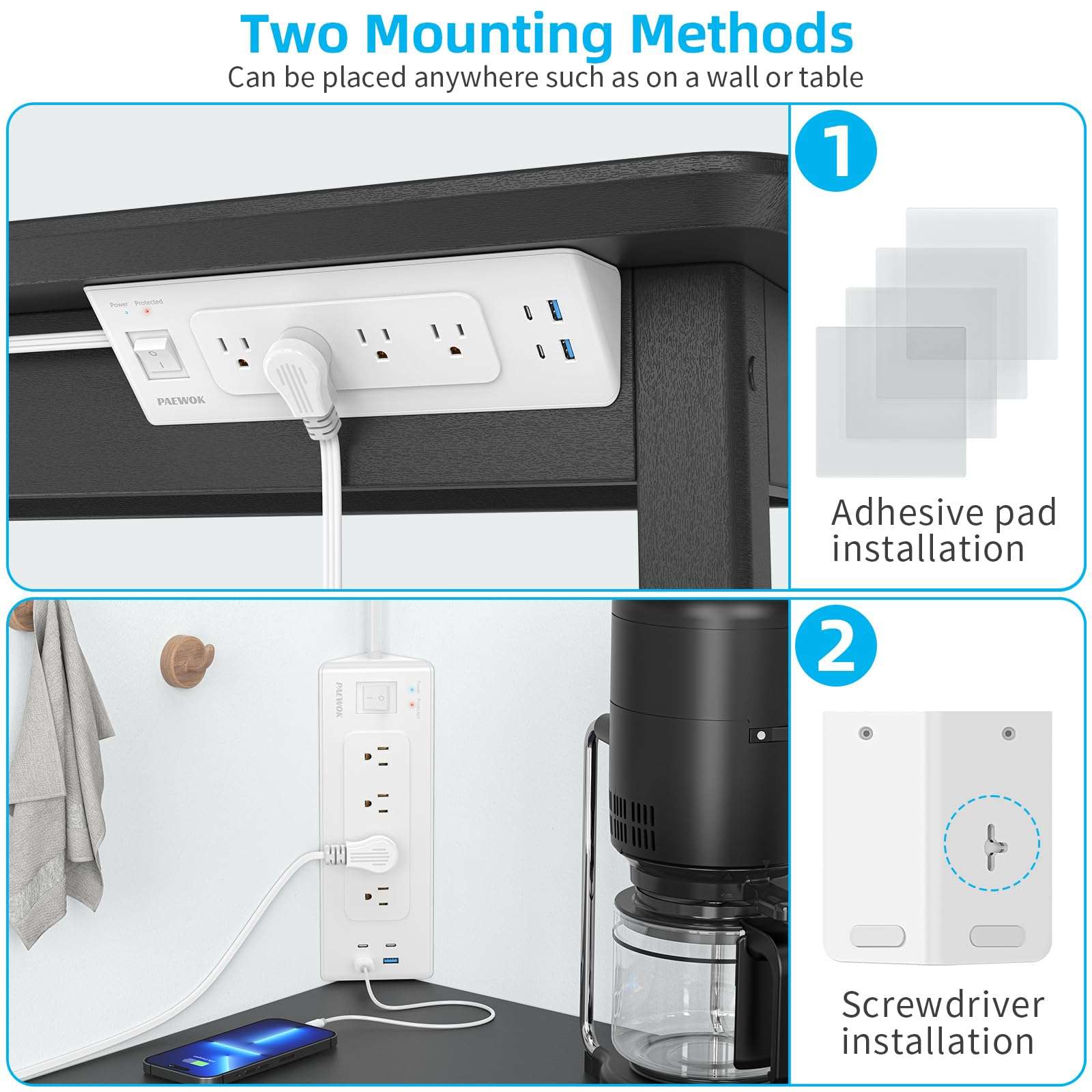 Electrical Outlet Extender with USB C, Flat Wall Plug Extension Cord with 4 Sockets, Surge Protector Power Strip 15 Amps/1200 Joules, 6.5 Ft Multi-Plug Extension Cable for Home Office Dorm, White 6