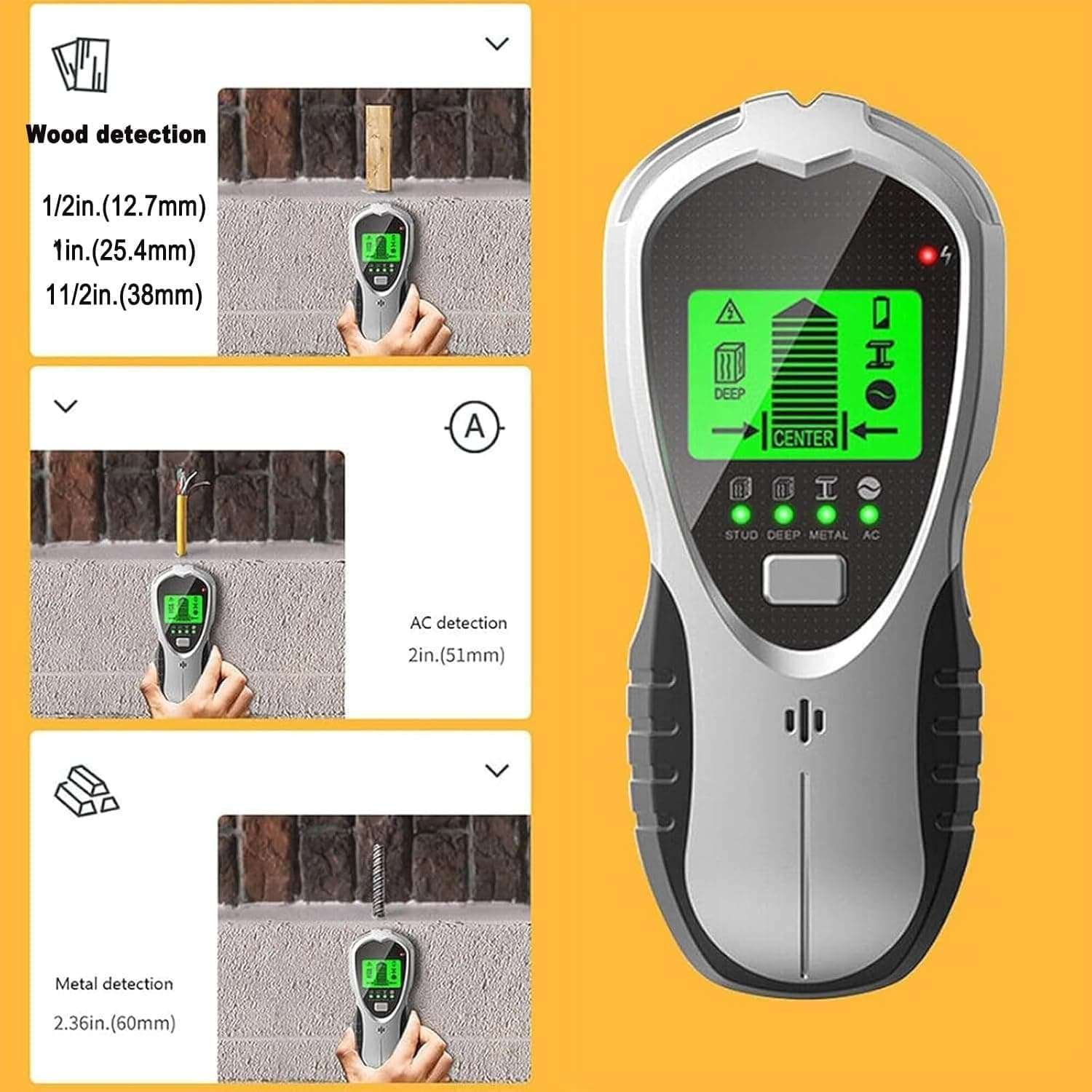 Erbaofd Stud Finder Wall Scanner, 5 in 1 Stud Finder, Wall Scanner, Cable Finder Wall Detector, with LCD Display and Audio Alarm, Stud Detector for Wood AC Wire Metal 3