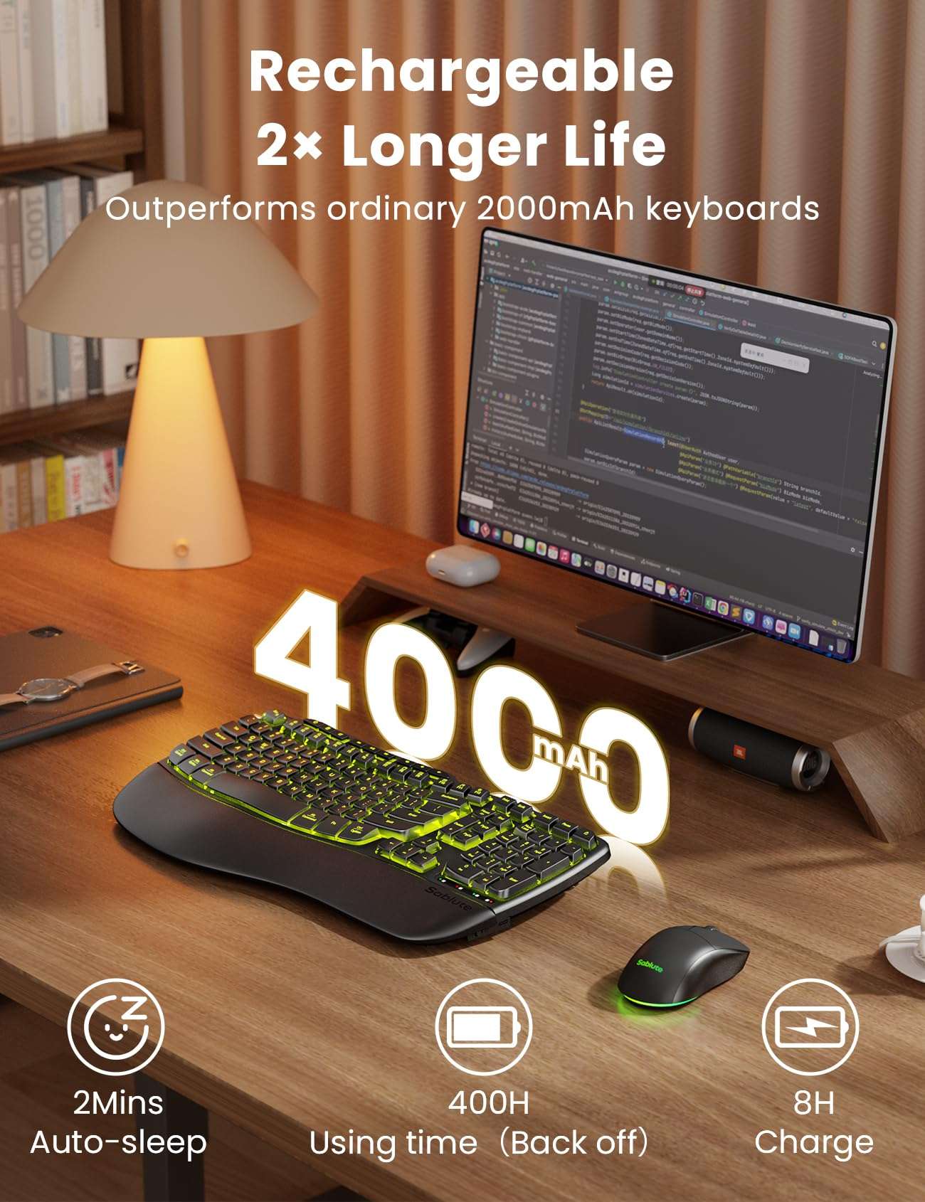 Ergonomic Wireless Keyboard and Mouse Combo, Rechargeable 4000mAh Backlit Keyboard with a Soft, Faux Lambskin Palm Rest, Wave Keys for Natural Typing, Compatible with Windows/Mac/Chromes OS—SABLUTE 6