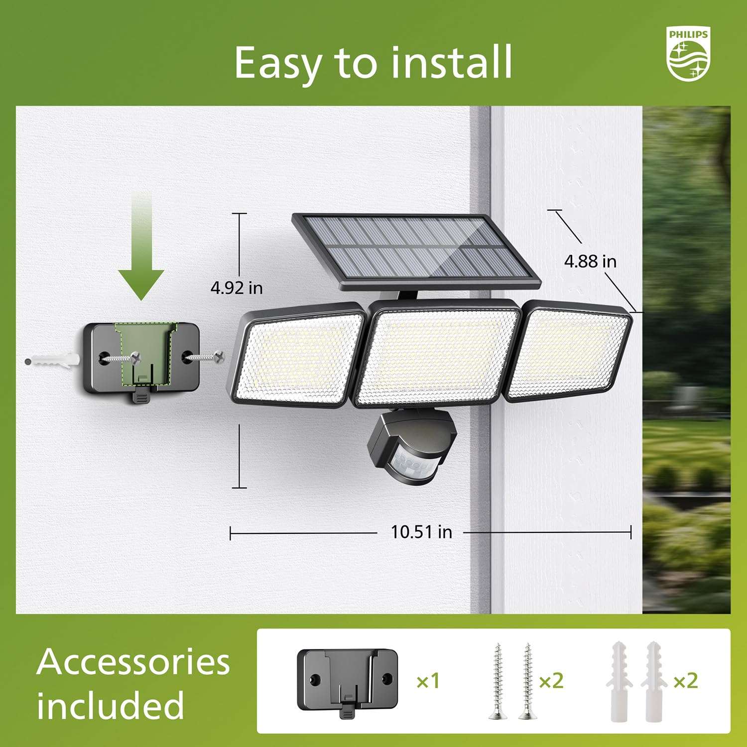 Philips Solar Security Light Outdoor，Solar-Powered Waterproof Wall-Mounted Flood Light w/PIR Motion Sensor,IP65 Waterproof, 3 Modes 4