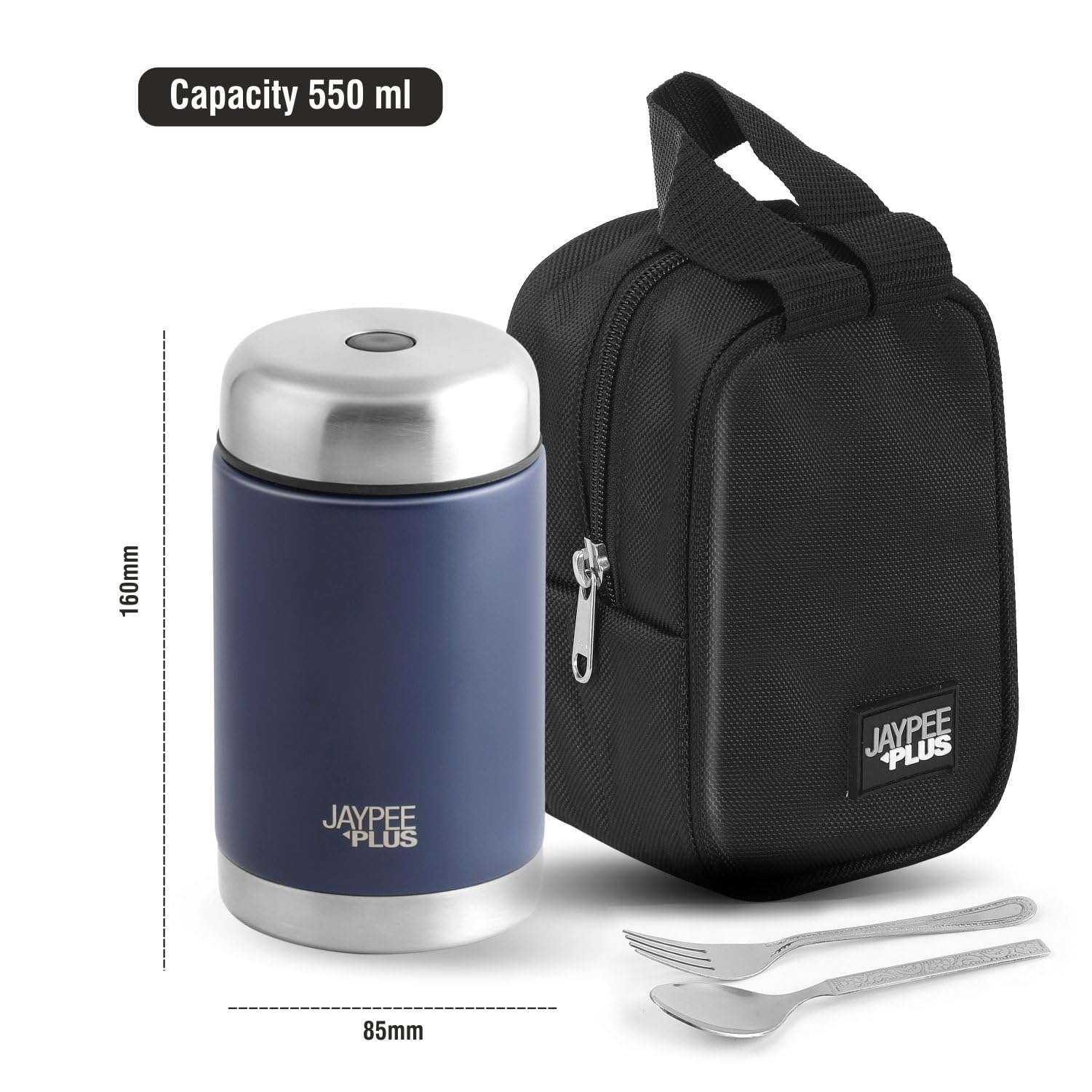 Jaypee Plus Nutri Jar Stainless Steel Vacuum Insulated Food Jar With Bag & Spoon|Hot And Cold Thermal Flask|Double Walled Scratch Resistant Ideal for Office, School, Gym & Travelling | 550 ml, Blue 4