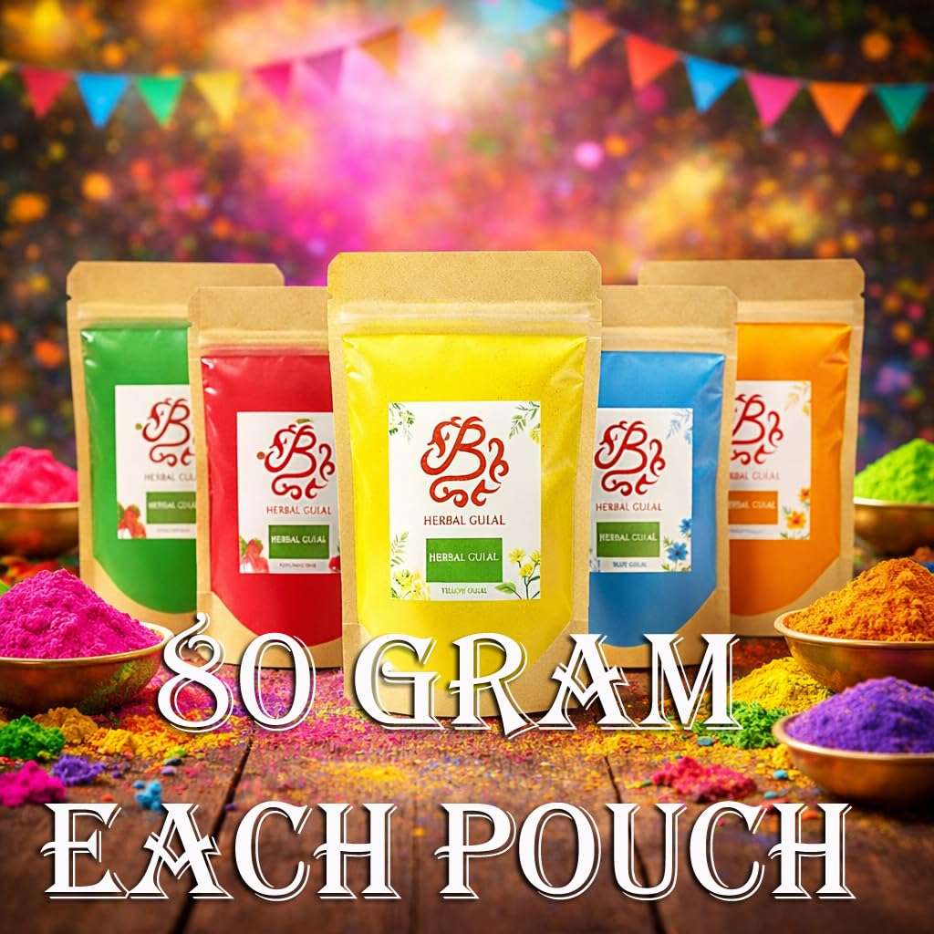 BENAVJI Holi Colours Holi Colours for Kids Family Men Women Natural Holi Colour Organic Holi Decoration Items Holi Gulal Pack of 5, 80g Each 4