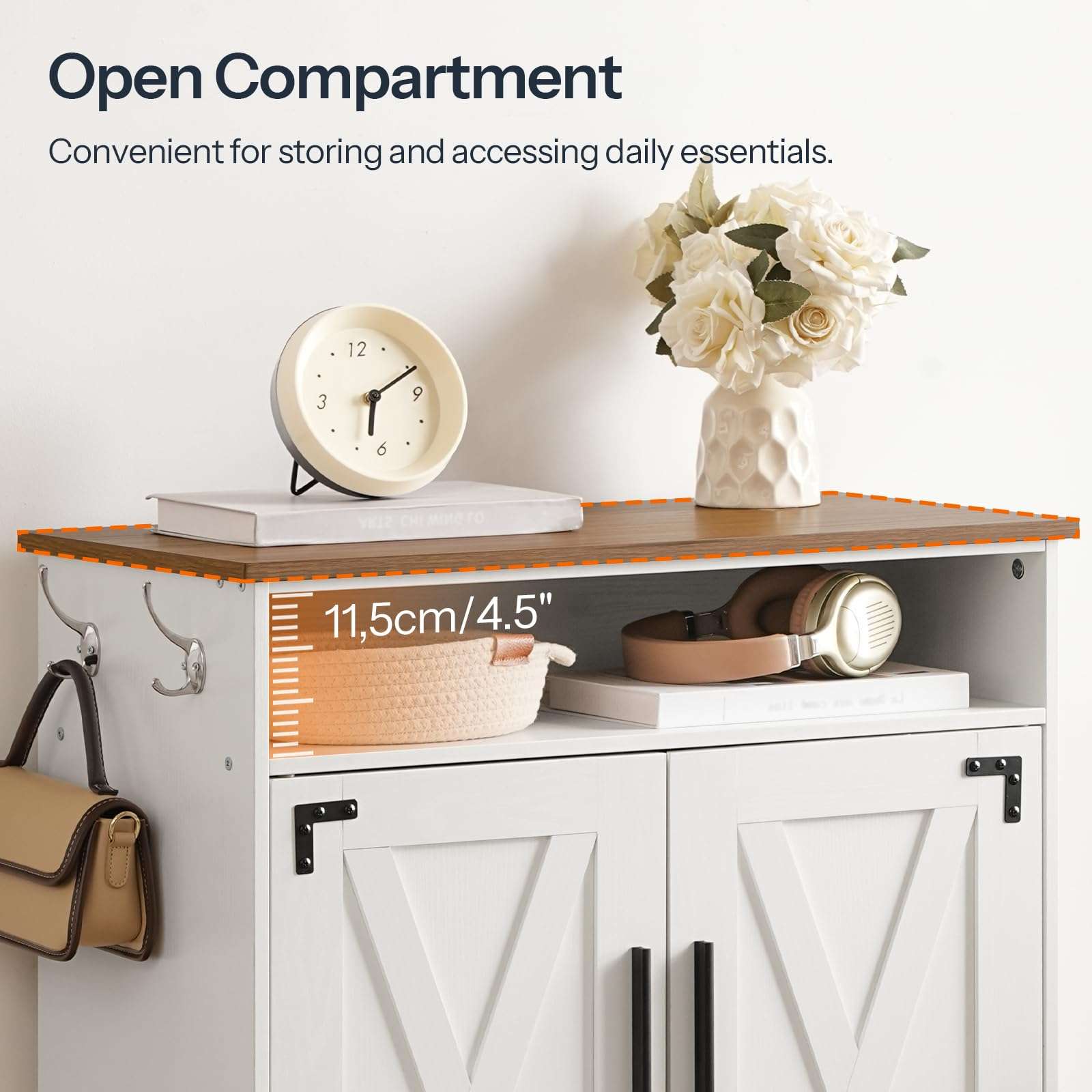 HOOBRO Shoe Cabinet, Farmhouse Shoe Storage Cabinet, Shoe Organizer Cabinet with Hooks and Adjustable Shelves, Shoe Cabinet Storage for Entryway, Living Room, White and Walnut WH16SC01 5