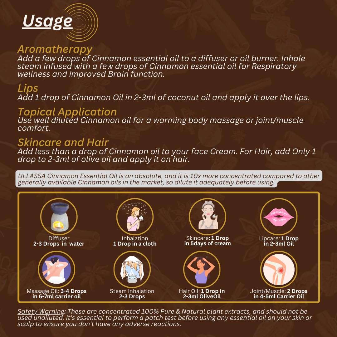 ULLASSA Cinnamon Bark Essential Oil | Improved Circulation, Brain Function, Plump Lips | Skincare, Haircare, Respiratory Wellness | 100% Pure & Natural | Cinnamomum Zeylanicum (Pack of 3) 5