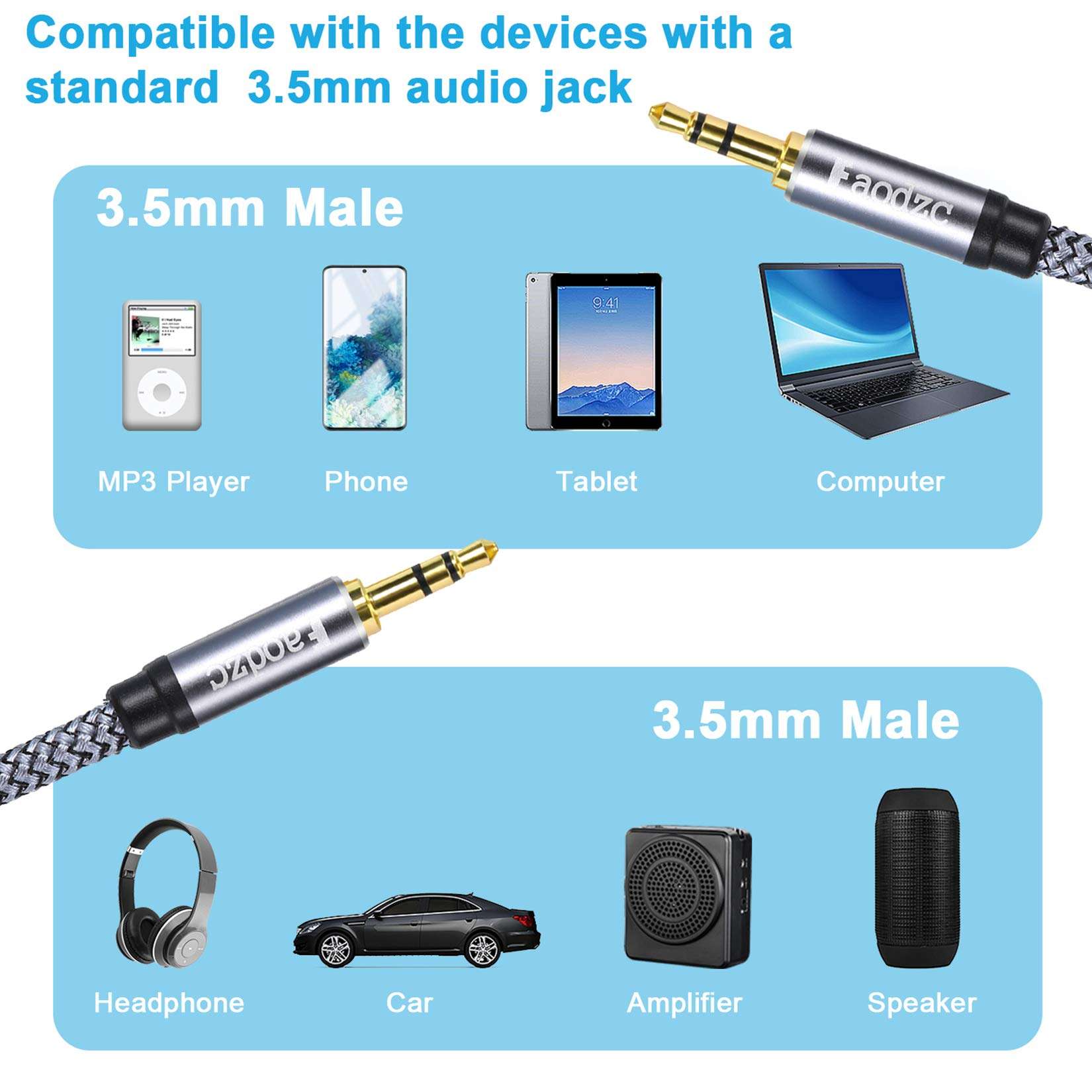 1ft Short 3.5mm Aux Audio Cable,Faodzc 3.5 Aux Cord Male to Male Stereo Nylon Audio Cable Braided Auxiliary Headphones Cable Compatible Headphones,Home Stereos,Speaker,iPhone,Echo Dot 6