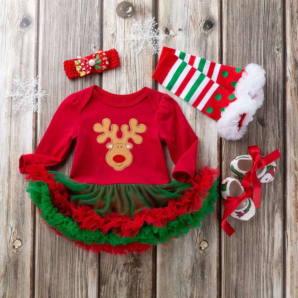 HUAANIUE Newborn Baby Girl Christmas Outfit Romper Tutu Dress With Headband Leg Warmer Shoes RedGreen 6-12 Months 3