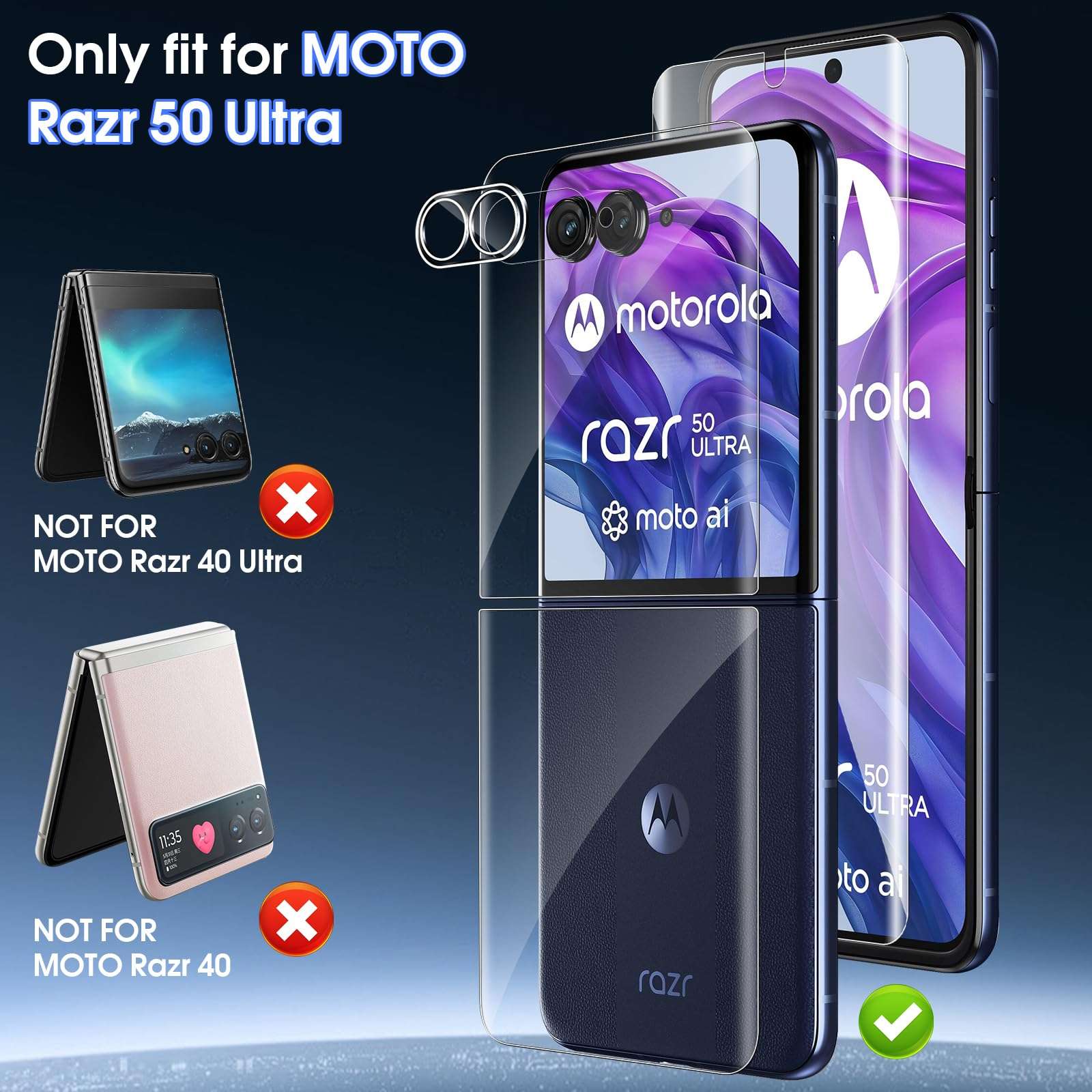 [2Set 6PCS] Motorola Razr 50 Ultra Screen Protector, 2 TPU Films + 2 Back Screen TPU Films + 2 Camera Lens Protecters, High Clarity, Anti-Scratch, Bubble Free, for Motorola Razr 50 Ultra 3