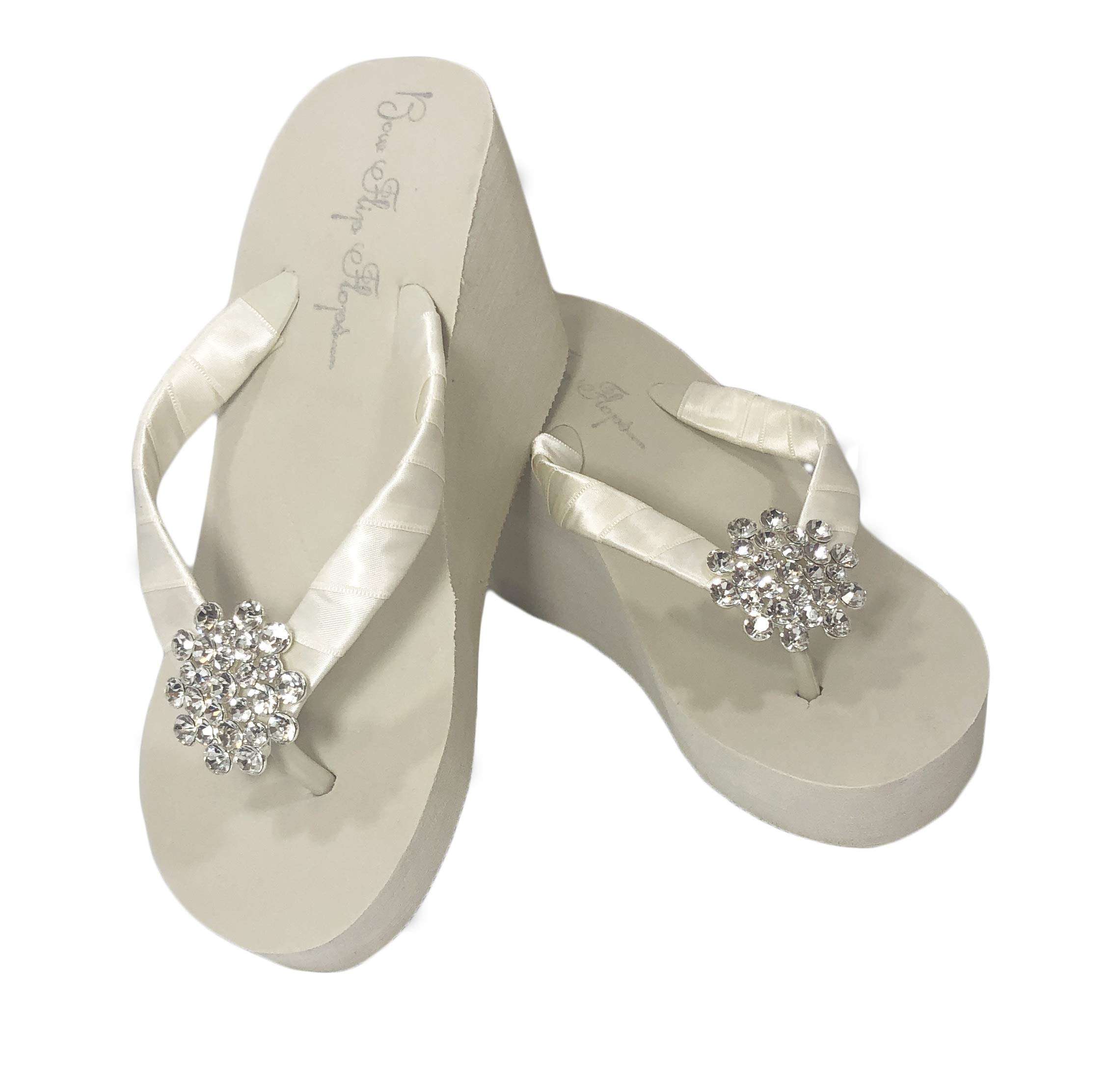 Big Rhinestone Jewel on Satin Wrapped Ivory 3.5 Inch High Heel Flip Flops (LARGE JEWEL - 3.5"/Ivory, 9) 1