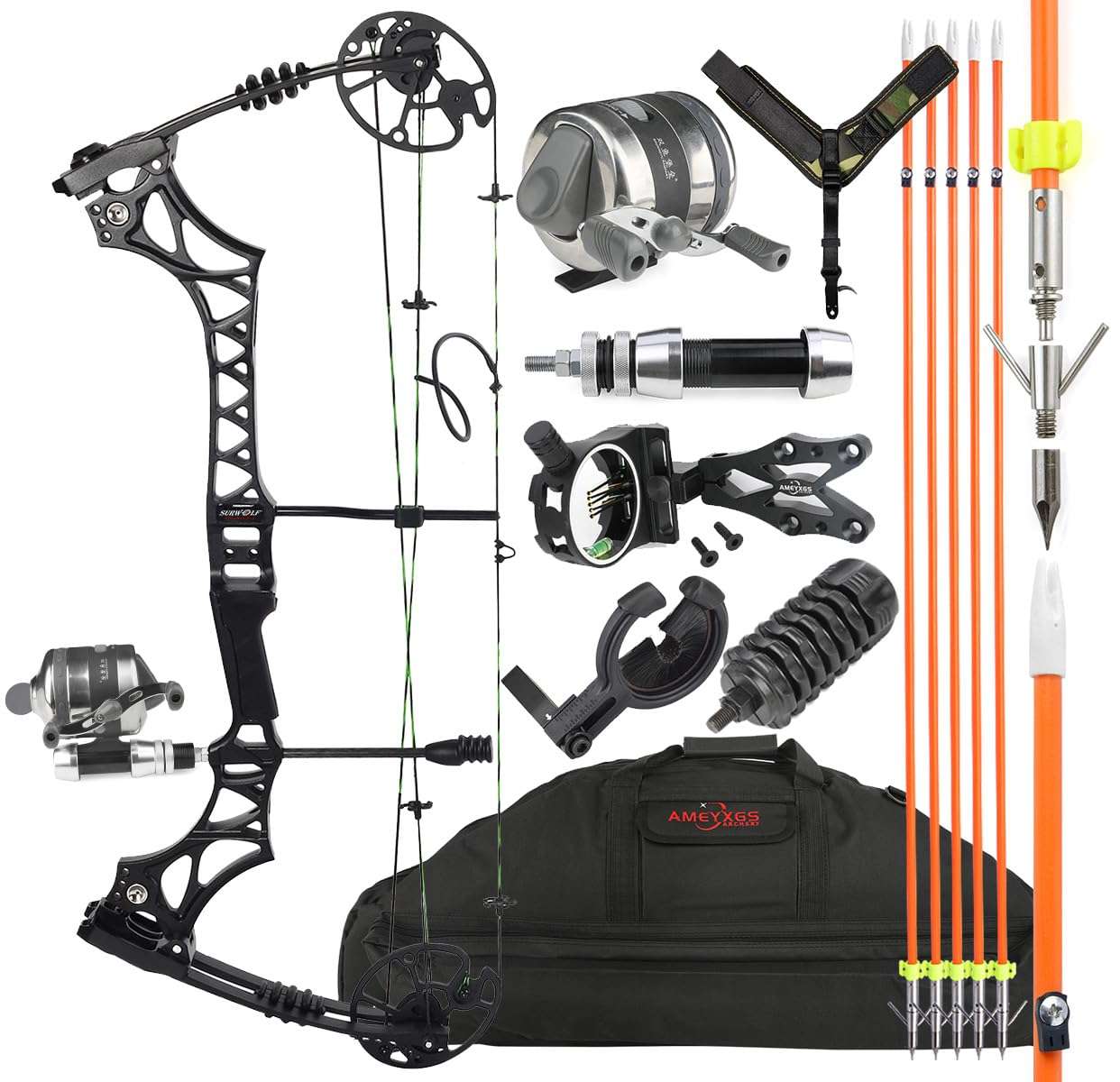 surwolf Bowfishing Compound Bow Kit Draw Weight 30-70lbs Adjustable Ready to Fish Kit with Bowfishing Reel,Bow Fishing Arrows Right Handed for Adult/Youth Fishing Hunting/Target Shooting (Black) 1