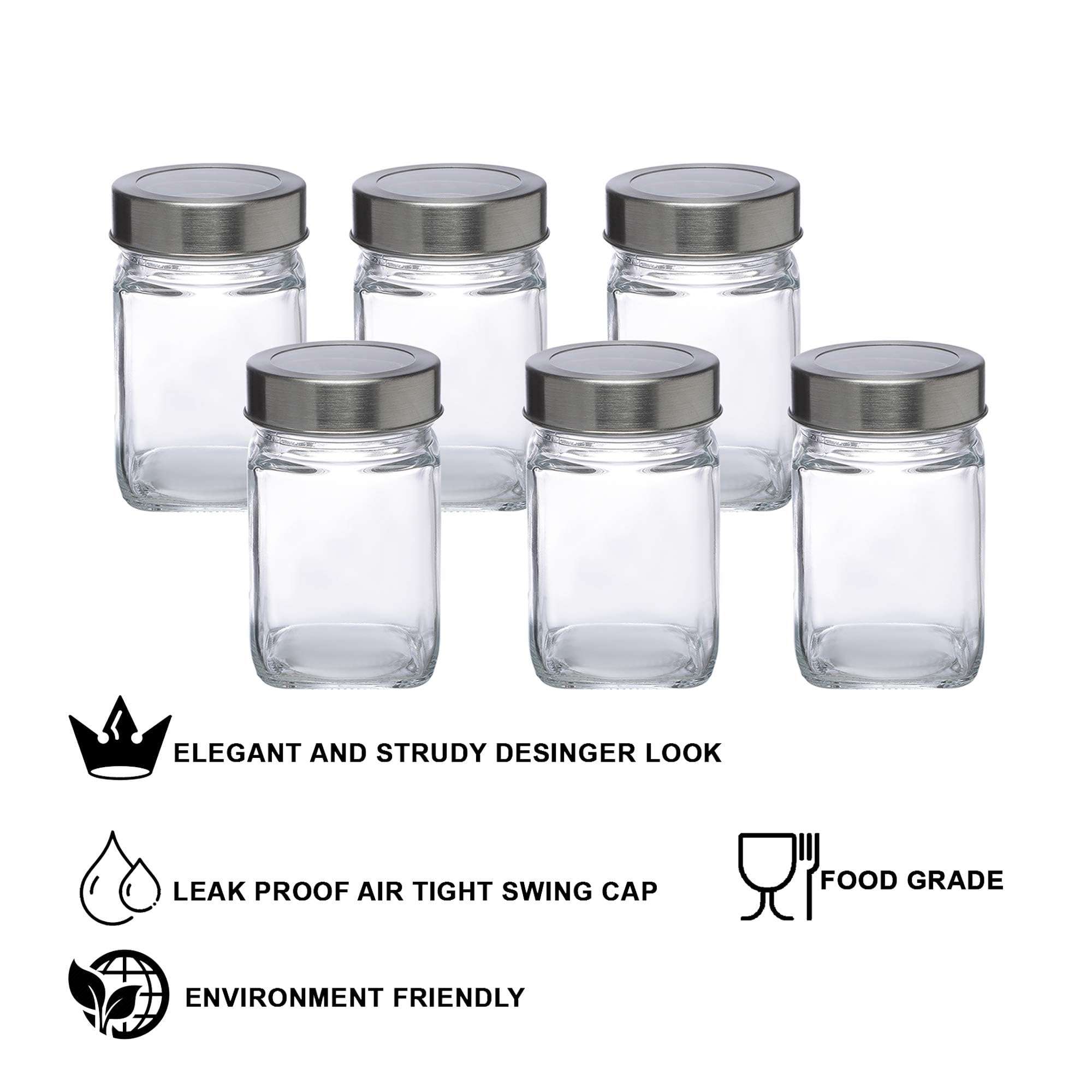 SIMPARTE Glass Jar Barni 310ml Transparent Square Container Set of 6 with Airtight Steel Lid for Kitchen Pantry Storage of Spices, Masala, Pickles, Cookies, Dry Fruits, Coffee Beans & Snacks 5