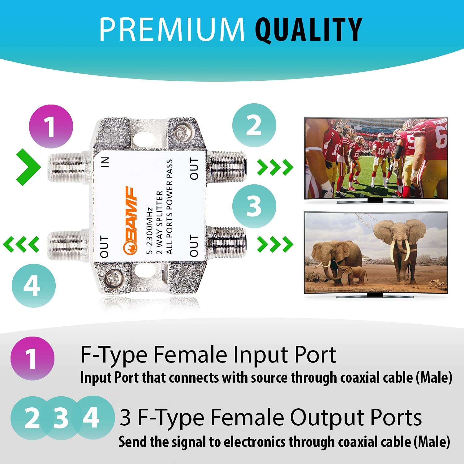 BAMF 3-Way Coax Cable Splitter Bi-Directional MoCA 5-2300MHz 4