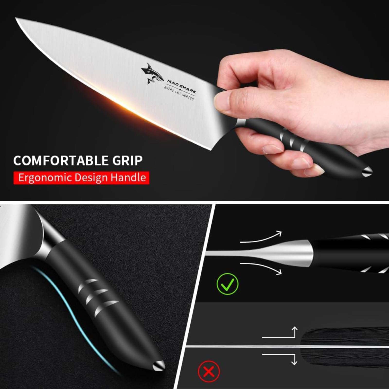 MAD SHARK Chef Knife 8 inch Chopping Knife High Carbon Stainless Steel Shark Chef's Knives with Ergonomic Handle, Cooking Knife with Gift Box, Birthday Gifts for Mom/Dad, Black 6