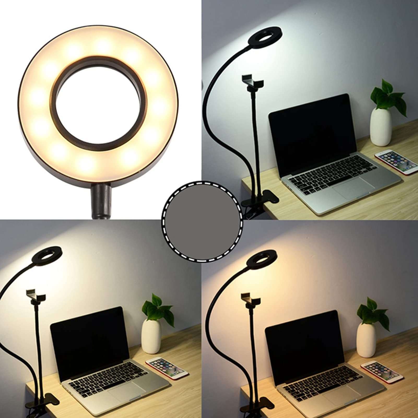 BEIJIALY Selfie Ring Light, 10 Levels Brightness 3 Light Colors 360° Flexible Gooseneck LED Desk Lamp 5000K LED Camera Ring Light for Salon Make Up(Black) 4