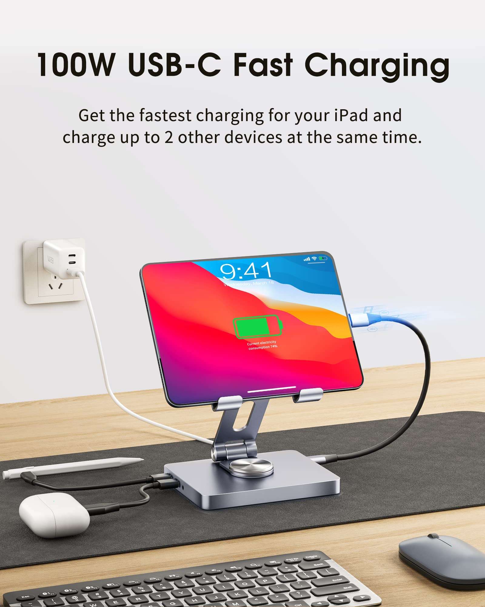 BYEASY iPad Stand, Laptop Docking Station, 8 in 1 iPad USB C Hub, Type-C Tablet Stand with HDMI, 3.5mm Jack, LAN, 100W PD Charging, 2*USB 3.0, SD/TF Card Reader, for iPad Pro, MacBook Pro. 4