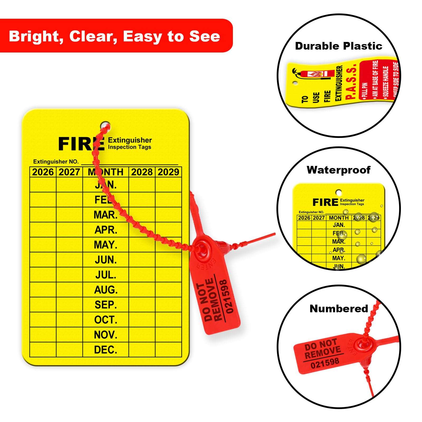 30 Sets Fire Extinguisher Tags Monthly Inspection Tear-Resistant Numbered Plastic Tamper-Evident Cable Ties Easy to Punch Includes Handheld Hole Puncher- Red 4
