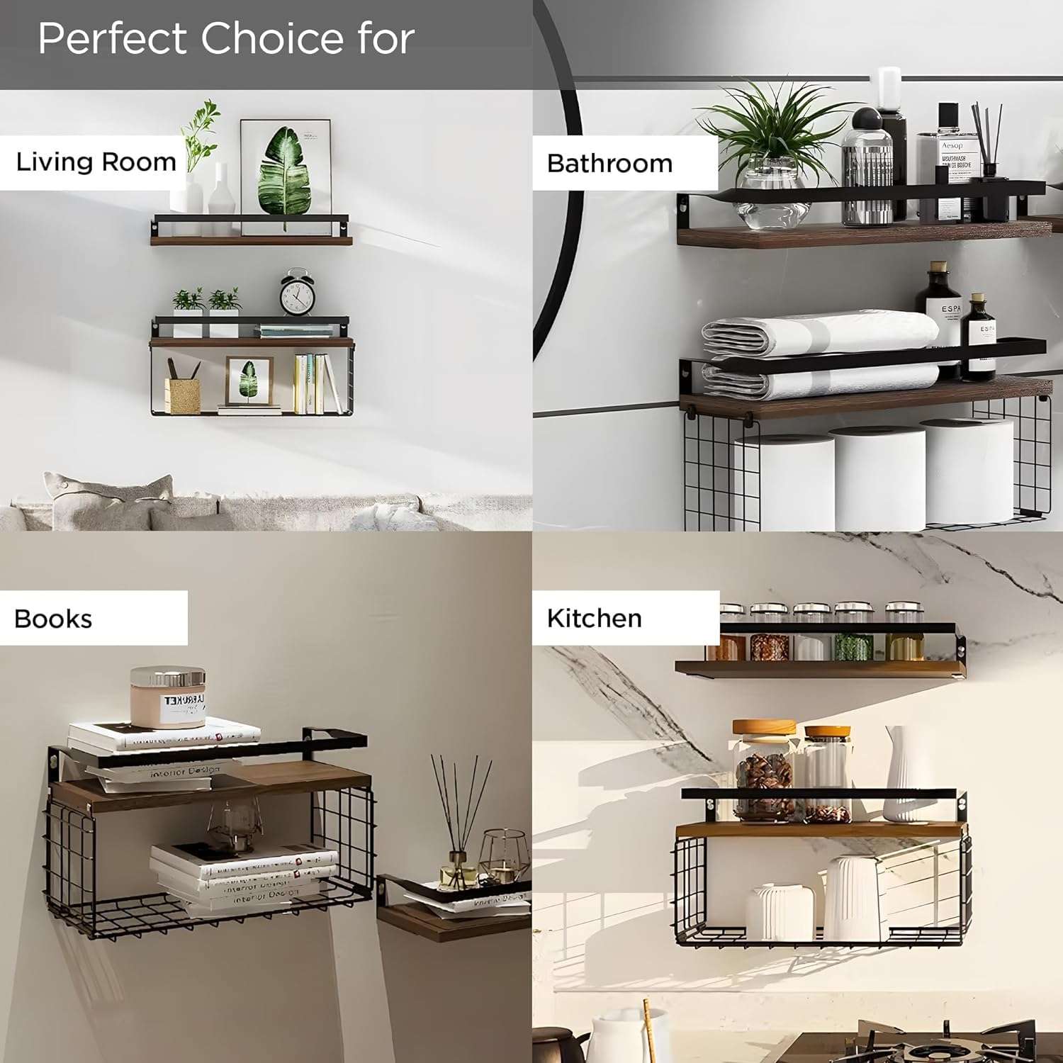Kuber Industries Floating Shelves (2pcs) with One Wire Storage Basket | Wooden Floating Wall Shelf| Wall Mount| Wall Rack| Wall Bracket for Home and Office Decor | Big Mounted Cabinets | BW0388 5