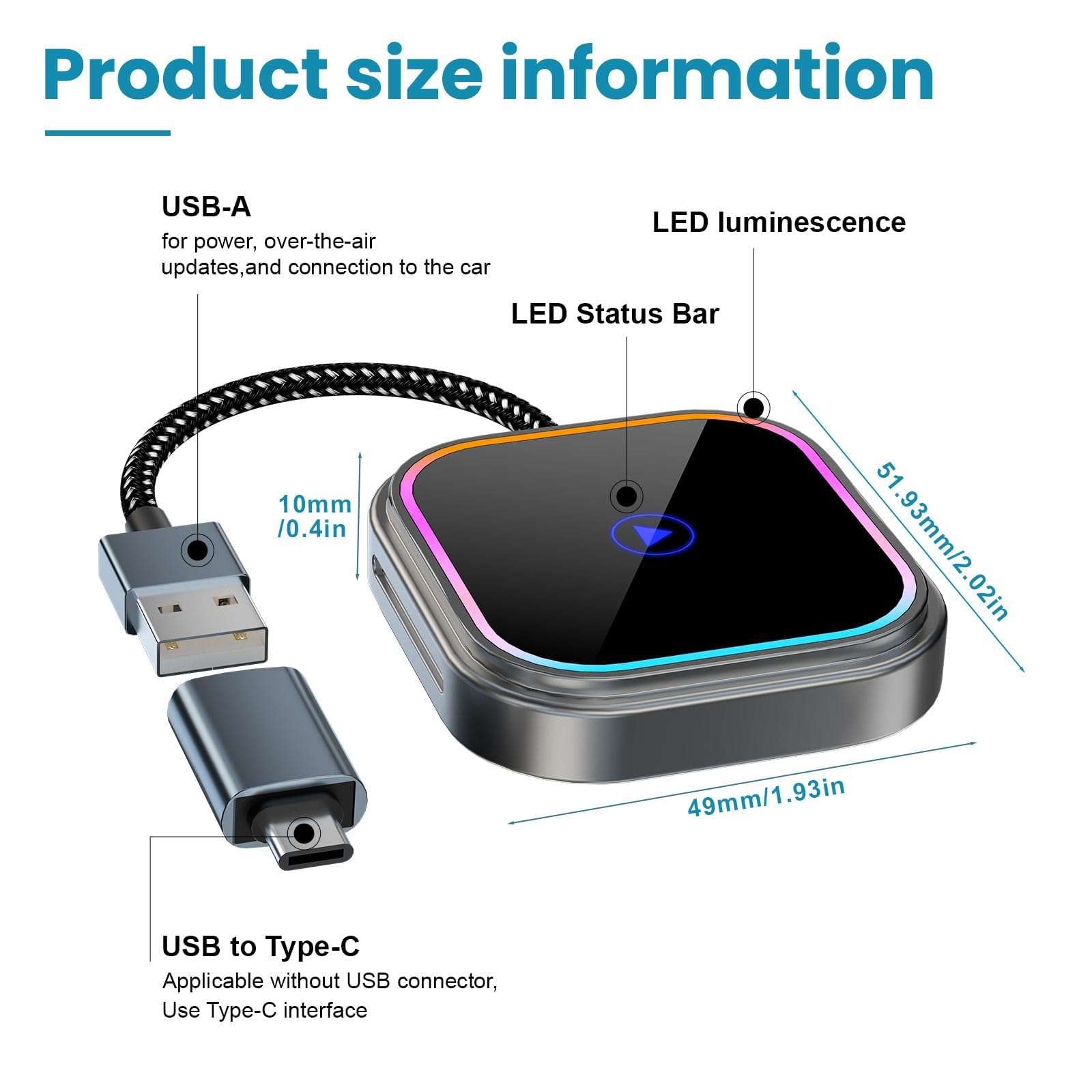 Wireless Carplay Adapter for Apple iPhone iOS 10+/Android/Outo Built-in CarPlay Cars,Converts Wired to Wireless Dongle Cars for Wireless Control Plug & Play Carplay from 2017 iOS 10+ to Screen w/USB C 3