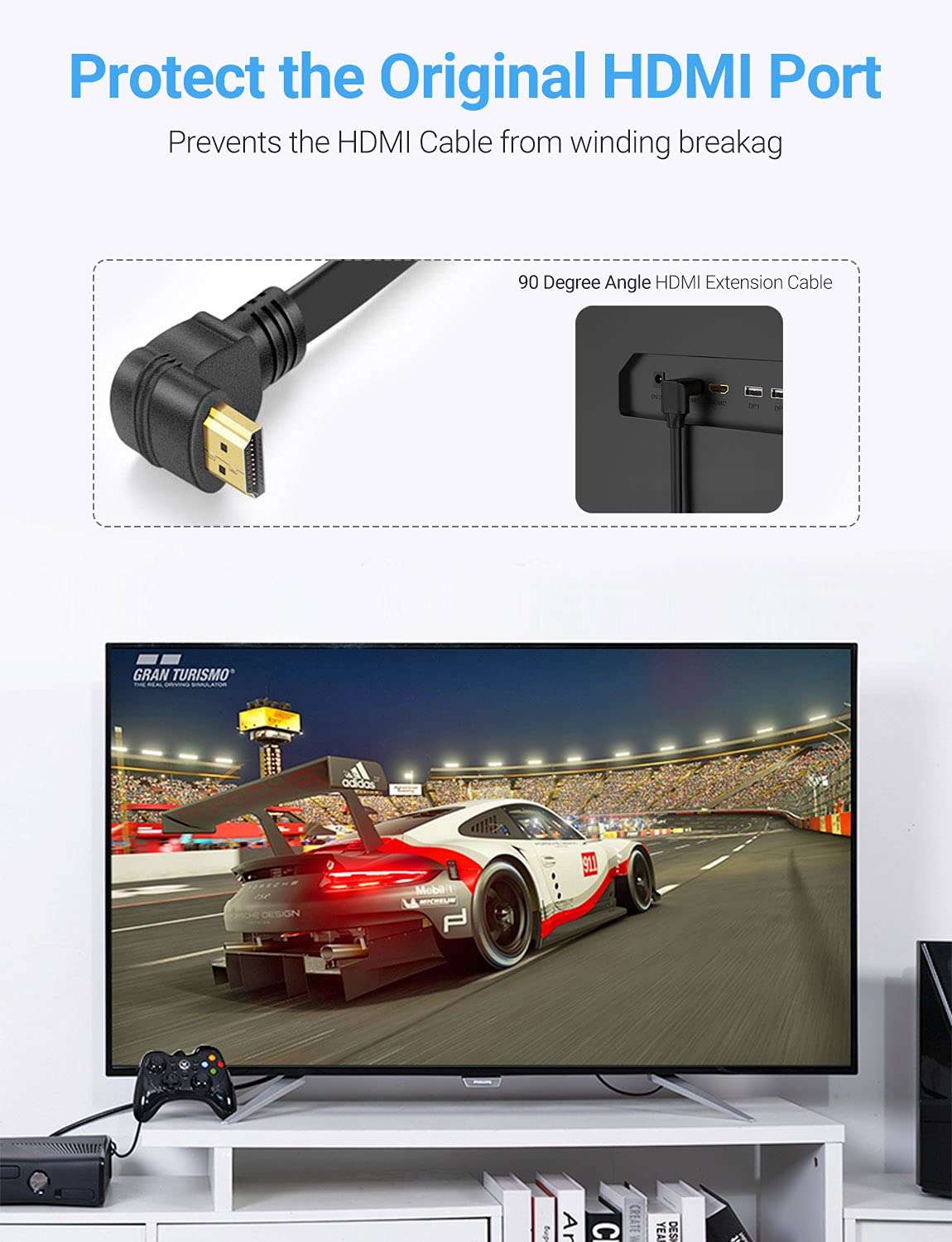 URWOOW Flat Slim High Speed HDMI Male to Male Extension Cable 270 Degree Right Angle (1 Feet) Adapter Converter Cable 3